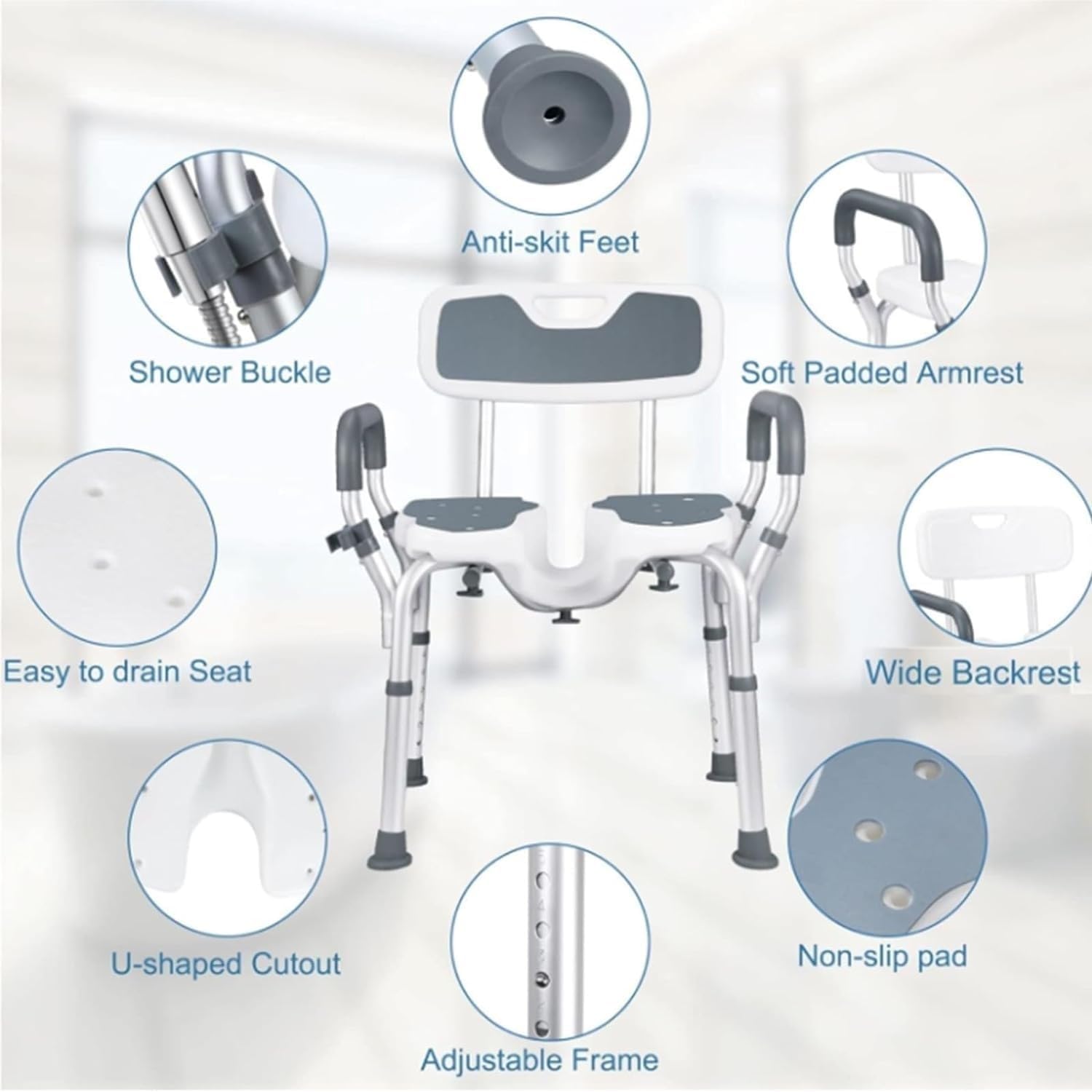 Swivel Shower Chair with Armrests and Backrest,Shower Stool for The Elderly and Disabled,Shower Bench Suitable for Indoor Showers Can Support Up to 396Lbs
