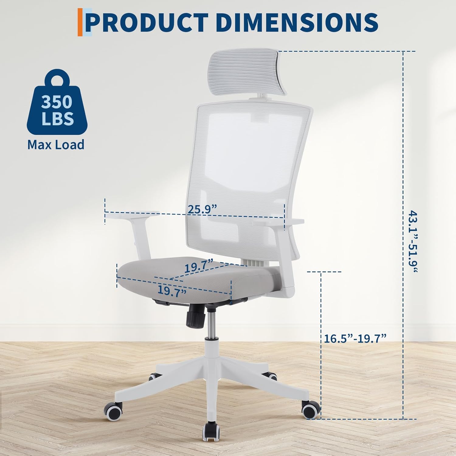 Ergonomic Mesh Chair, Reclining Computer Chair with Adjustable Headrest, Lumbar Support and Space-Saving Arms, for Desk Work, Gaming, White Frame/Gray Mesh
