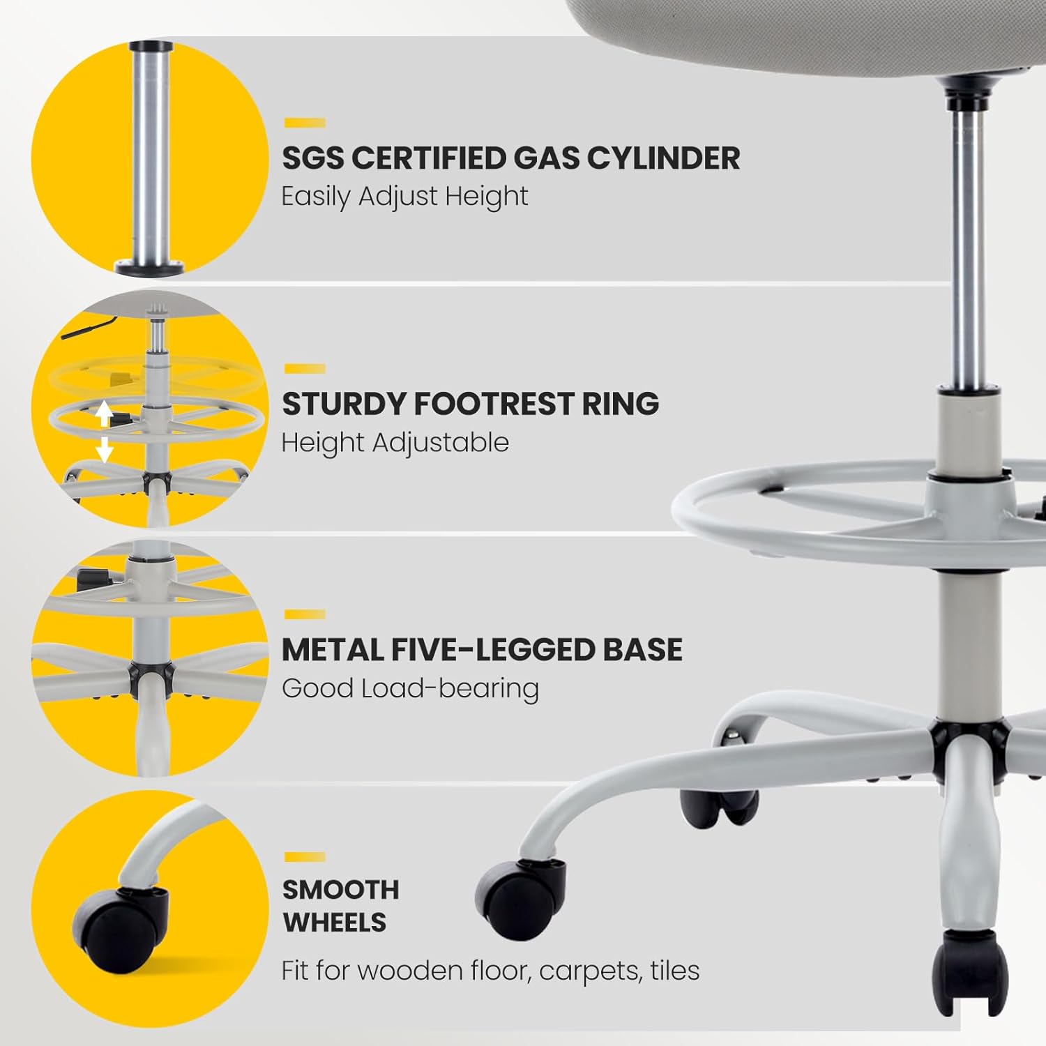 Sweetcrispy Tall Drafting Desk Chair - Ergonomic High Stool Computer with Adjustable Height and Comfy Lumbar Support, Office Rolling Counter with Flixed Arms and Footrest, Grey