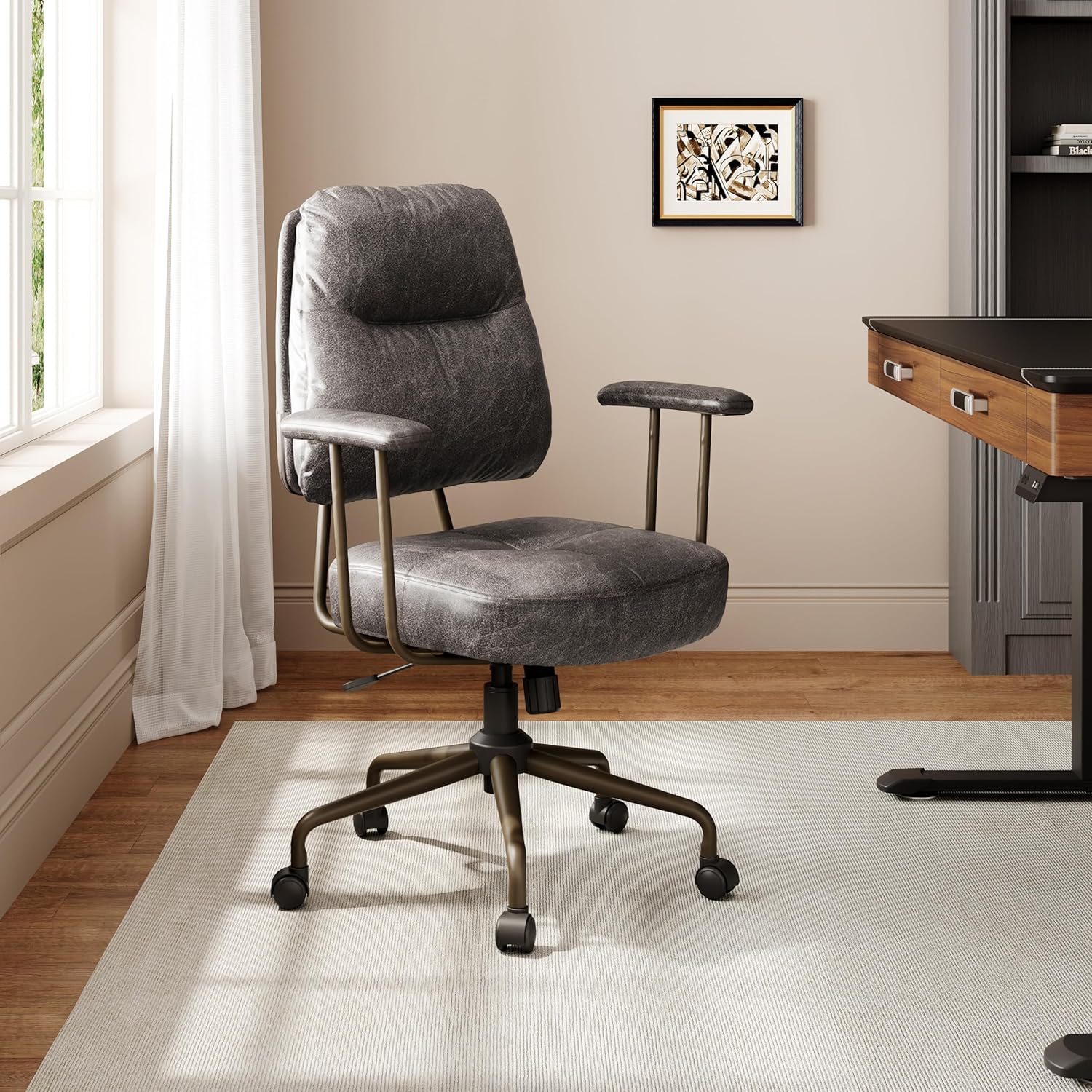 EUREKA ERGONOMIC Becky Mid Century Modern Office Desk Chairs Leather, Comfy Office Chair with Lumbar Support and Arms, Mid Back, Comfortable Thick Cushion, Height Adjustable, 360°Swivel, Cement Grey