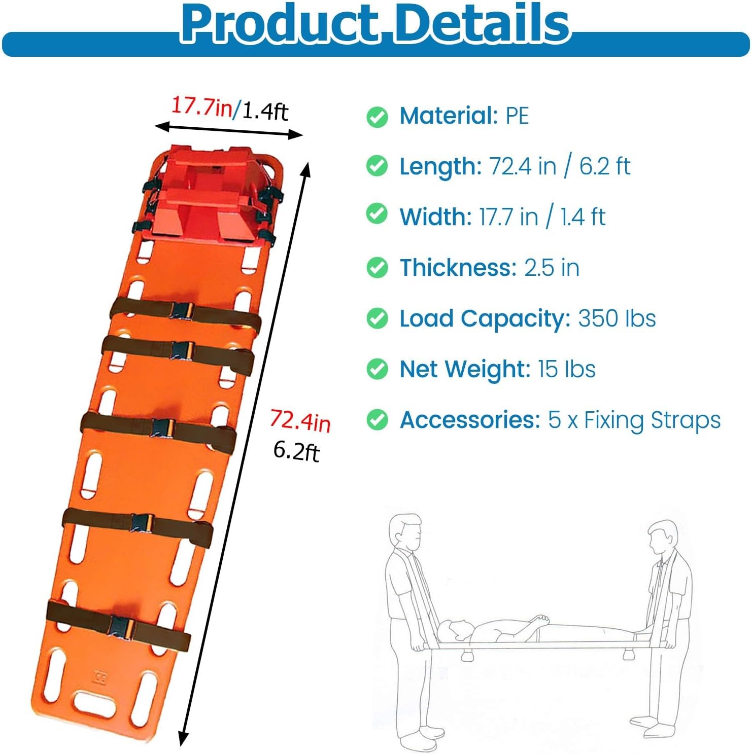 2 Pack Water Floating Spine Boards for Lifeguard Rescue, Pool & Camp Training, Ambulance Use, 350 Lbs Capacity, Adjustable Straps, Spine Transfer Board - Essential Safety Gear