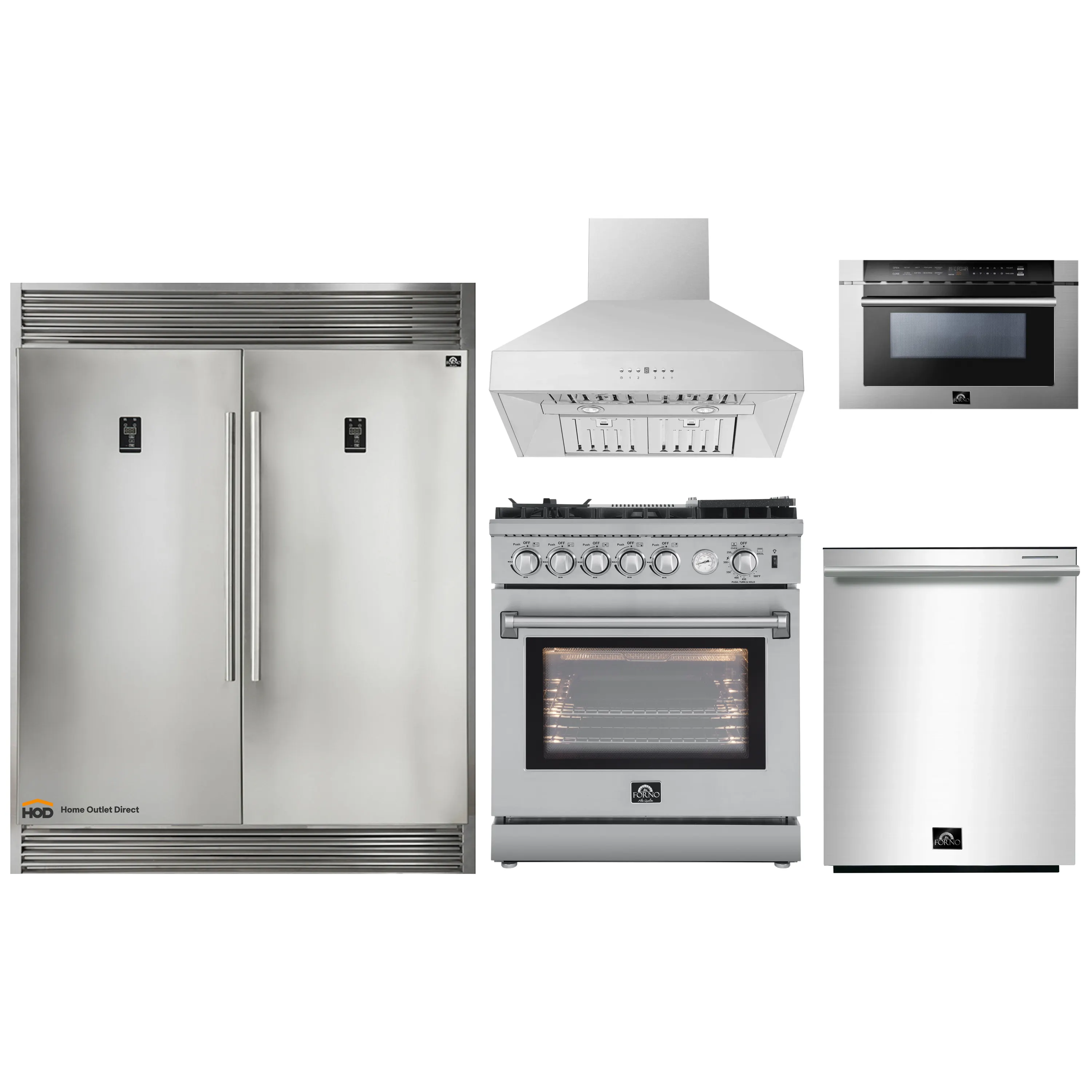 Forno 5-Piece Appliance Package - 30-Inch Gas Range with Air Fryer, 60-Inch Pro-Style Refrigerator, Wall Mount Hood, 24-Inch Microwave Drawer, & 3-Rack Dishwasher in Stainless Steel
