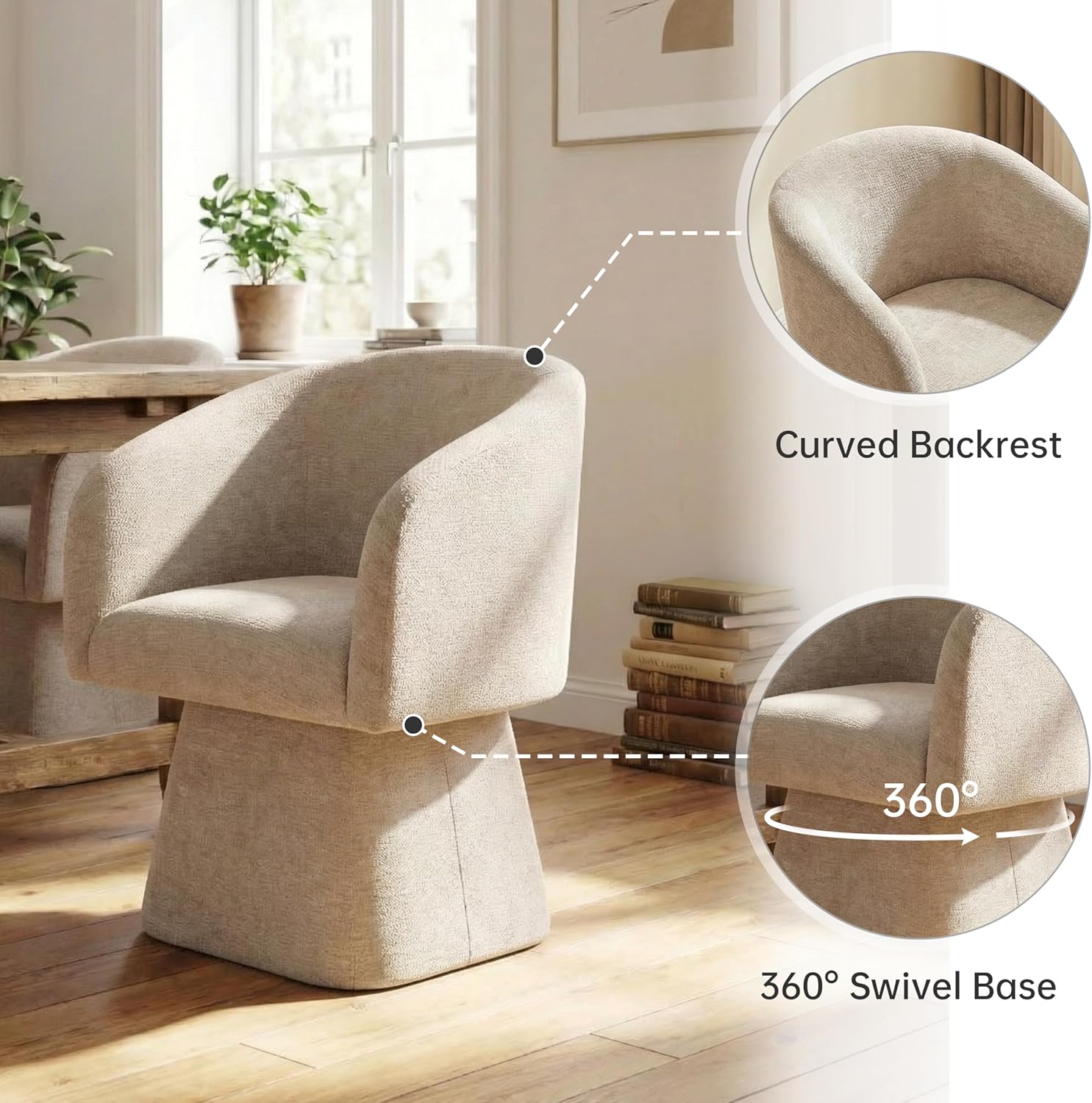 VKNOW Upholstered Swivel Dining Chairs Set of 4, Modern Dining Room Chairs with Barrel Back, Accent Arm Chair for Dining Room, Livingroom, Bedroom, Vanity, Khaki