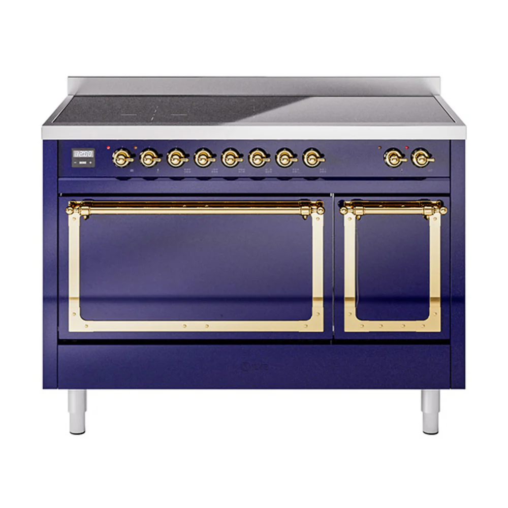 ILVE Nostalgie II Noblesse 48-Inch Induction Range with Solid Door Oven in Midnight Blue with Brass Trim (UNI486QNMPMBG)