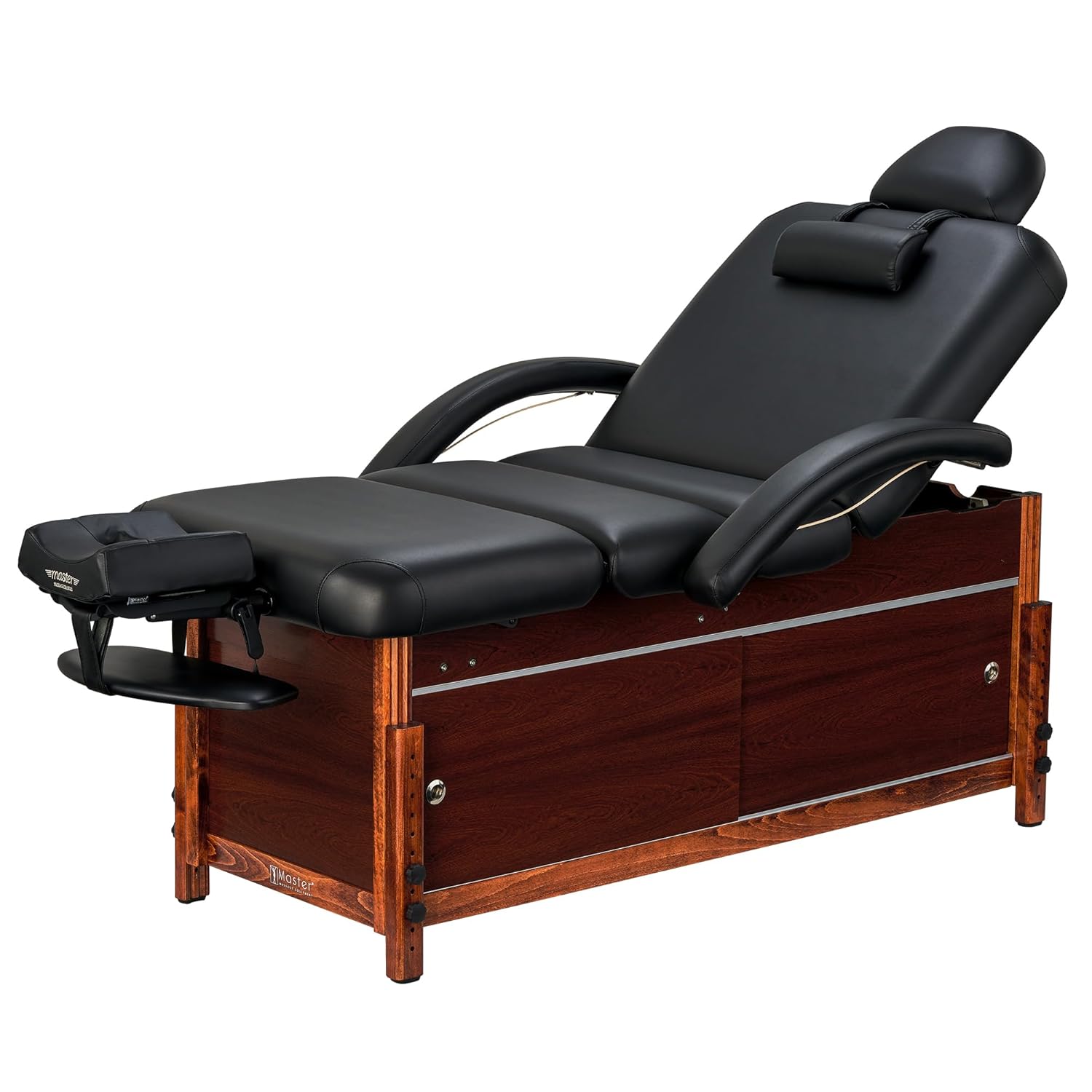 Master Massage Cabrillo Stationary Massage Table - Facial Beauty Lash Bed - 4 Section Salon Spa Bed with Storage Cabinet - Pneumatic Tilting Backrest and Leg Rest, Black with Walnut Legs, 30 Inch