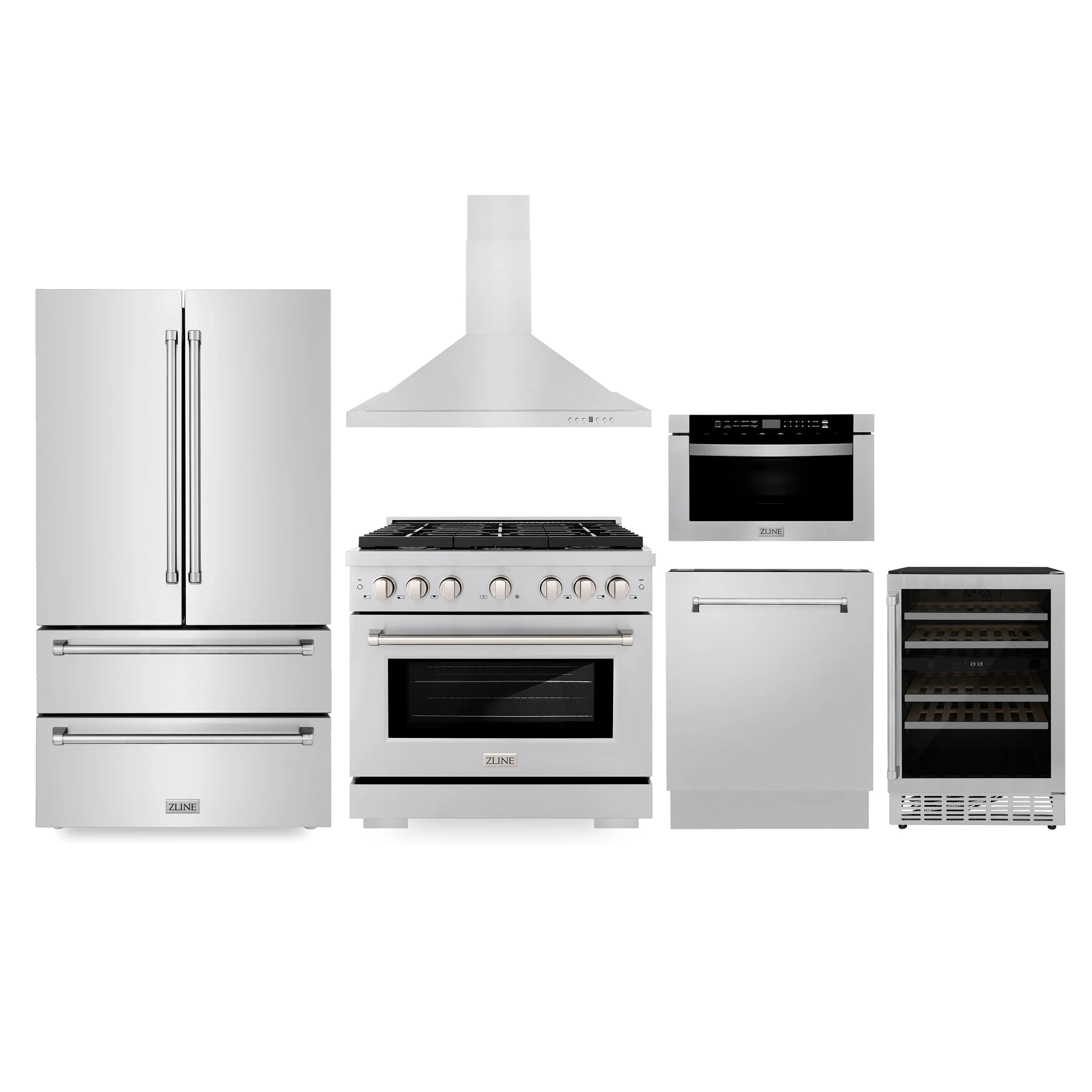 ZLINE Appliance Package - 36-Inch Gas Range, Range Hood, Microwave Drawer, Tall Tub Dishwasher and Wine Cooler in Stainless Steel (6KPR-SGRRH36-MWDWV-RWV)