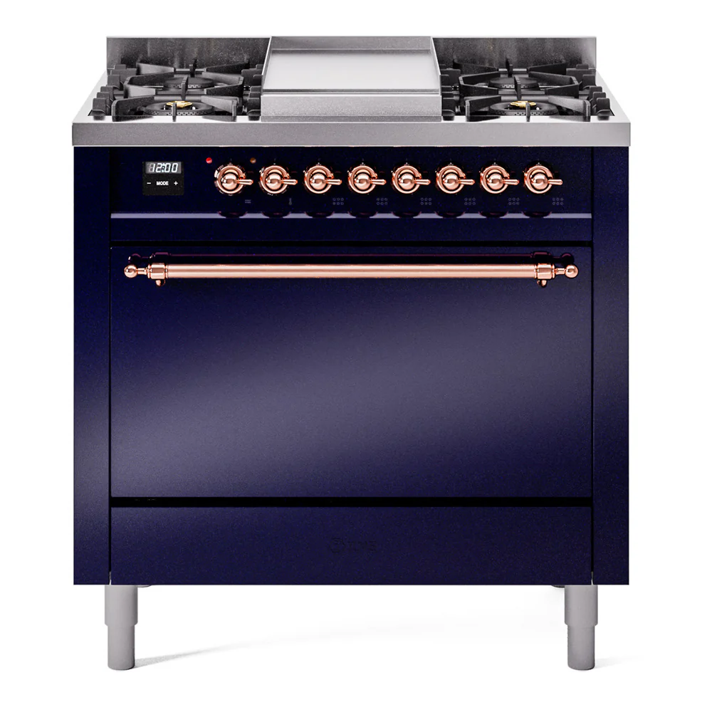 ILVE 36-Inch Nostalgie II Dual Fuel Range with 6 Burners and Solid Door Oven in Midnight Blue with Copper Trim (UP36FQNMPMBP)