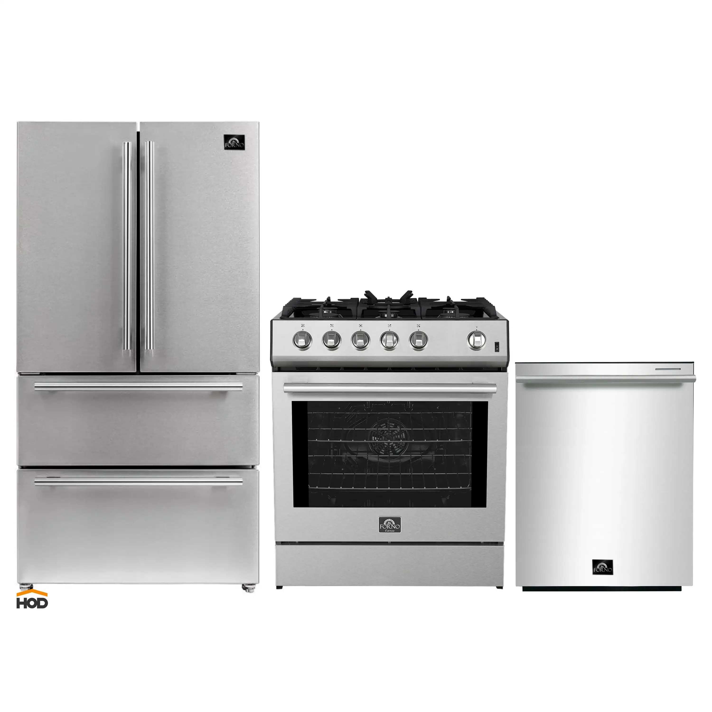 Forno 3-Piece Appliance Package - 30-Inch Gas Range, Refrigerator, and Dishwasher in Stainless Steel