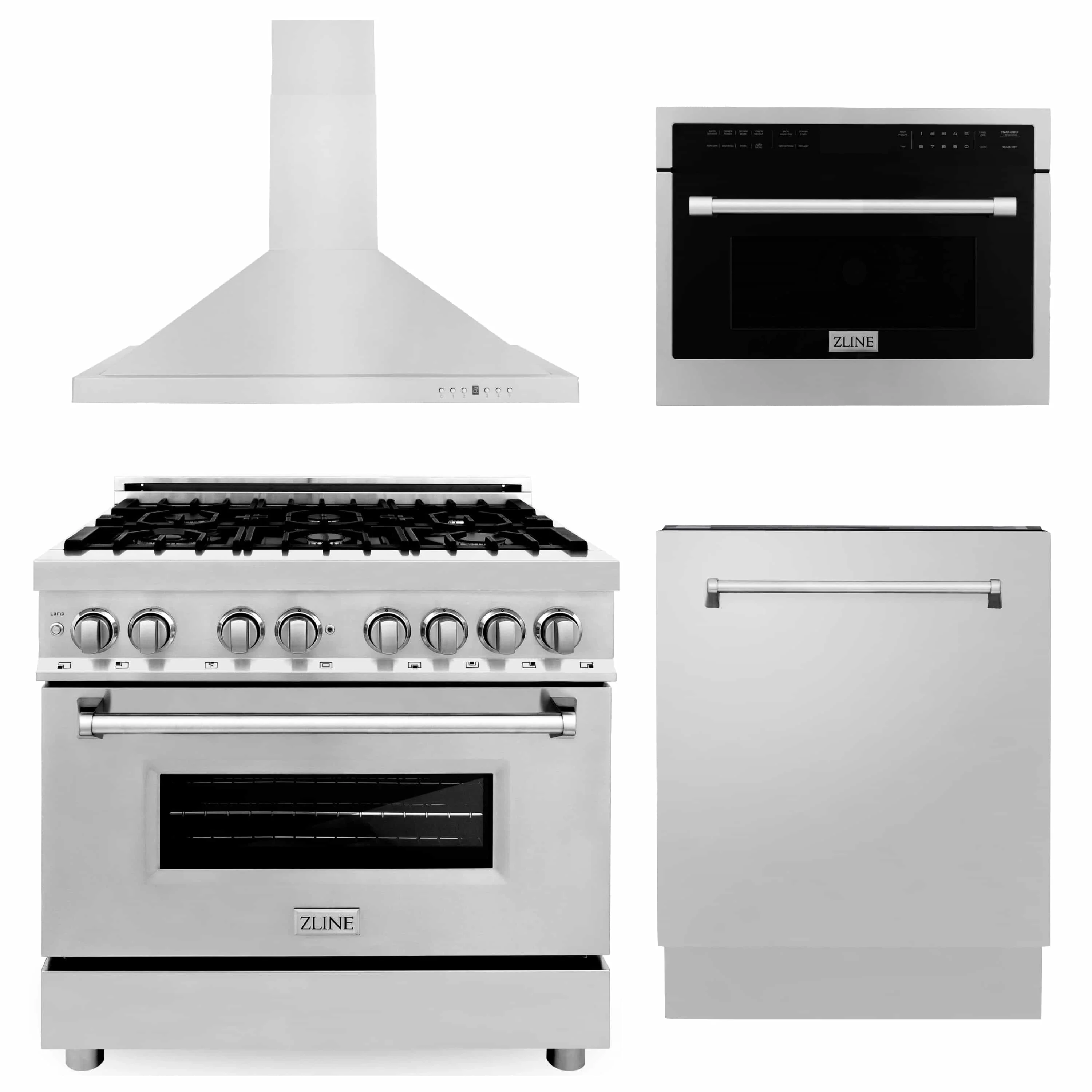 ZLINE 4-Piece Appliance Package - 36-Inch Dual Fuel Range, Tall Tub Dishwasher, Microwave Oven & Premium Hood (4KP-RARH36-MODWV)