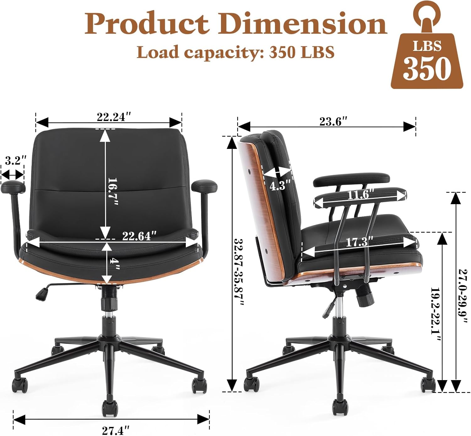 Home Office Desk Chair with Armrests & Wheels, Modern Walnut Swivel Rolling Executive Task Chair, PU Leather Vanity Chair with Lumbar Support, Height Adjustable Ergonomic Computer Chair (Black)