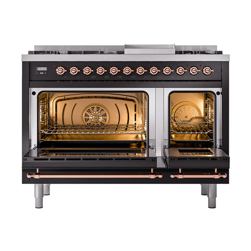 ILVE 48-Inch Nostalgie II Dual Fuel Range with 8 Burners, Griddle, and Solid Door Oven in Glossy Black with Copper Trim (UP48FQNMPBKP)