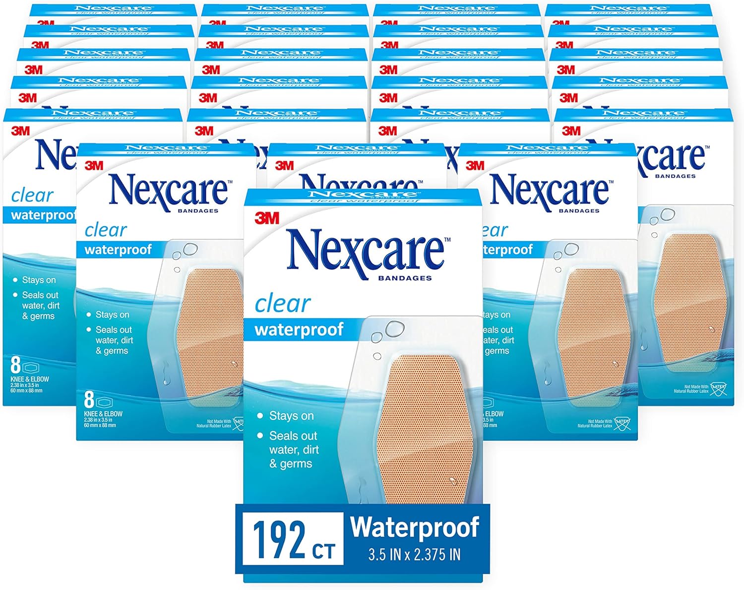 Nexcare Bulk Waterproof Clear Bandages for Knee and Elbow, Stays On in Water, Covers and Protects, 8-Count Packages (Pack of 24)