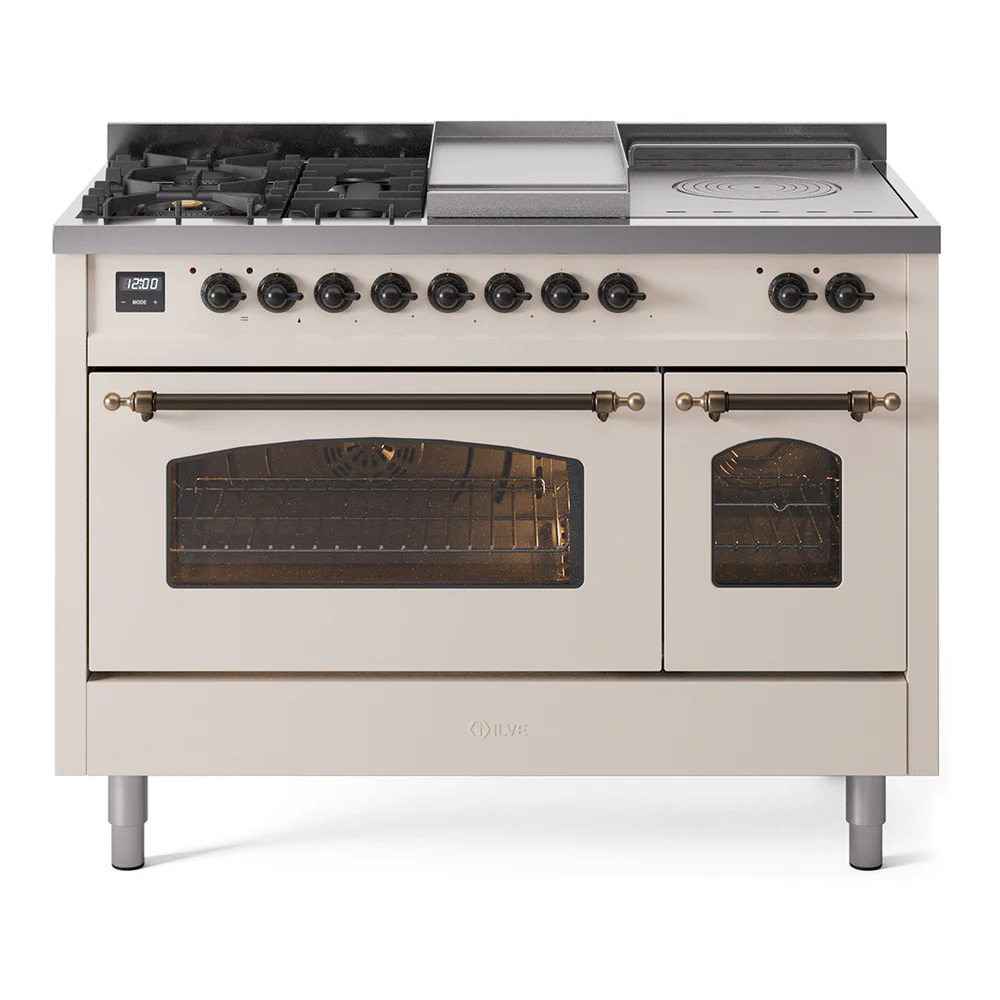 ILVE Nostalgie II 48-Inch Dual Fuel Range with 5 Burners, Griddle, & French Top with Triple Glass Door Oven in Antique White with Bronze Trim (UP48FSNMPAWB)