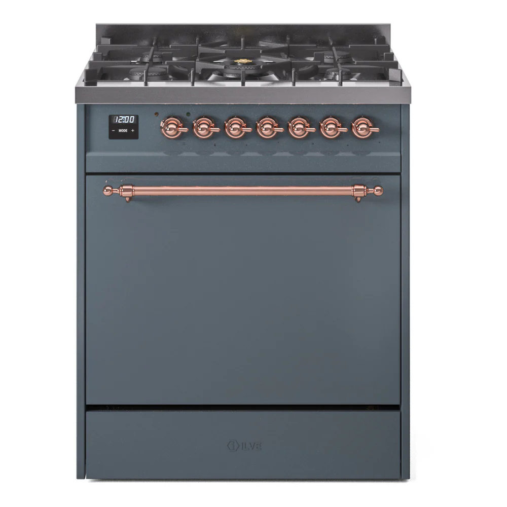 ILVE Nostalgie II 30-Inch Dual Fuel Range with Solid Door in Blue Grey with Copper Trim (UP30QNMPBGP)