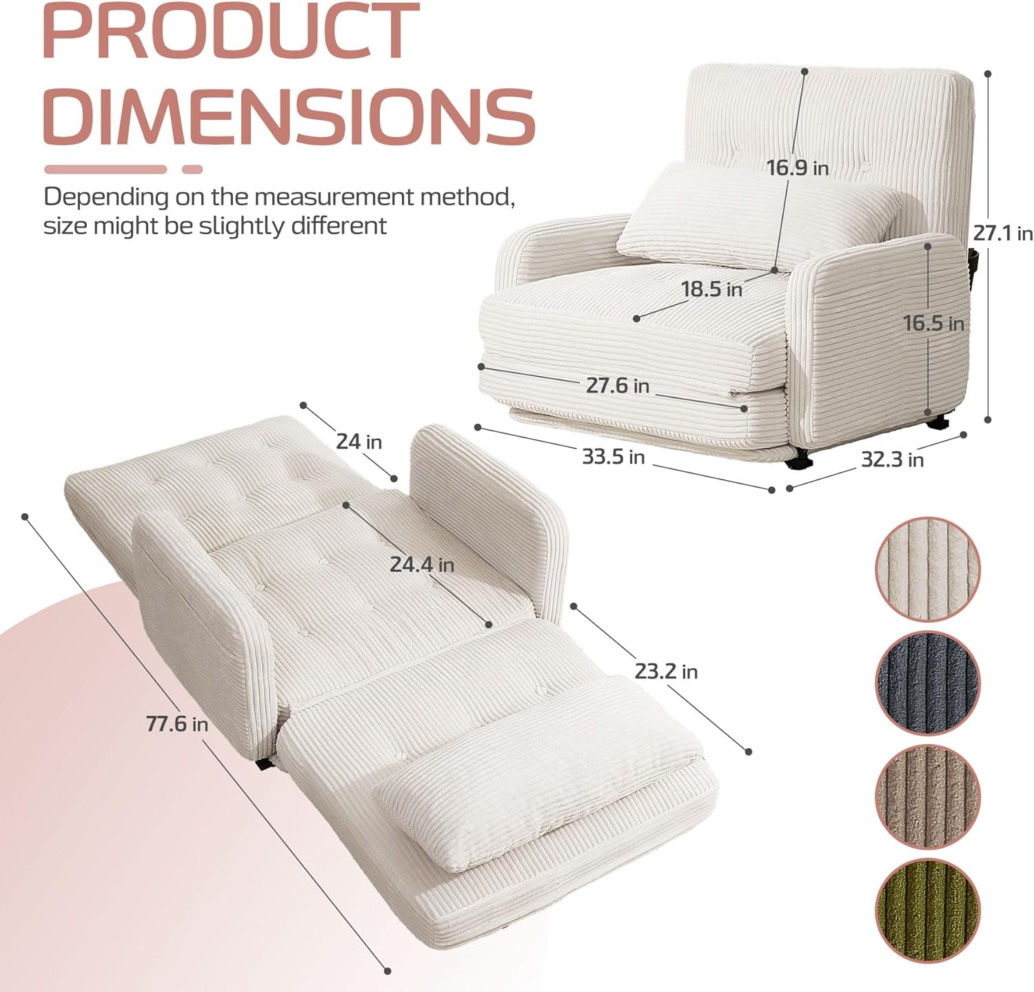 HomeMiYN Adjustable Folding Sofa Bed, Multifunctional Bean Bag Bed, 5-Position Back Support Convertible Lazy Sleeper Chair with Pillow, Adults Lounge Couch with arms, for Living Room, Bedroom,Beige