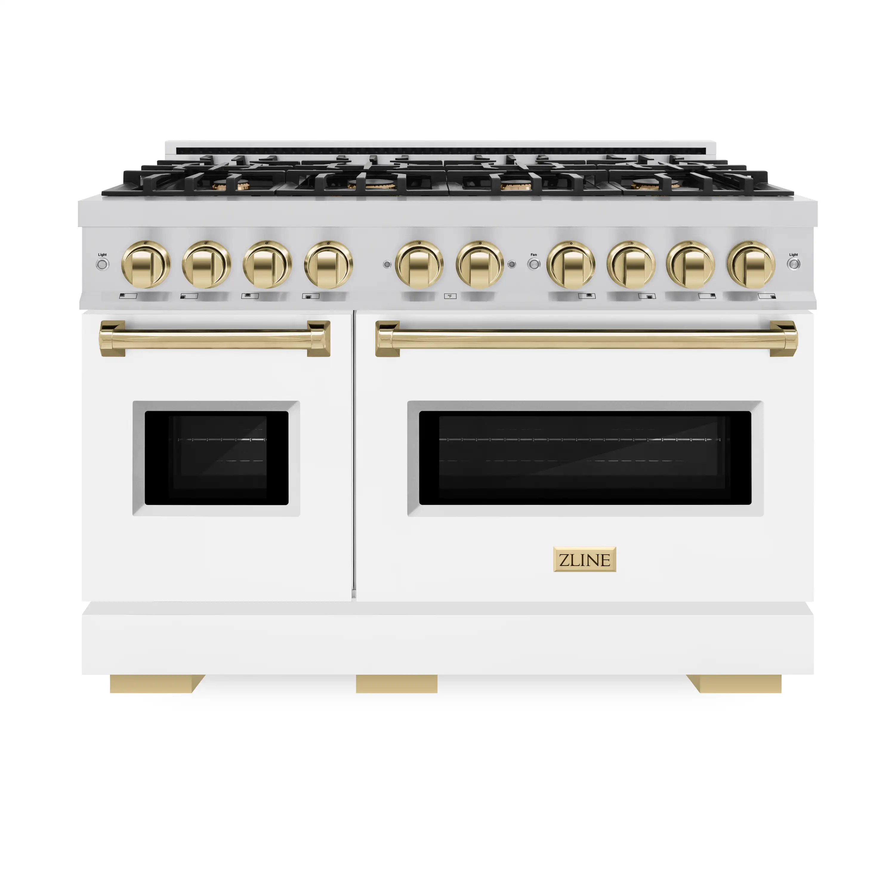 ZLINE Autograph Edition 48-Inch Classic Series Gas Range with 8 Gas Burner Cooktop and 6.7 Cu. Ft. Gas Convection Oven  in Stainless Steel with White Matte Doors and Polished Gold Accents (CGRZ-WM-48-G)