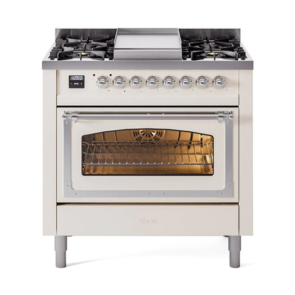 ILVE Nostalgie II Noblesse 36-Inch Dual Fuel Range and Triple Glass Door in Antique White with Chrome Trim (UN36FNMPAWC)