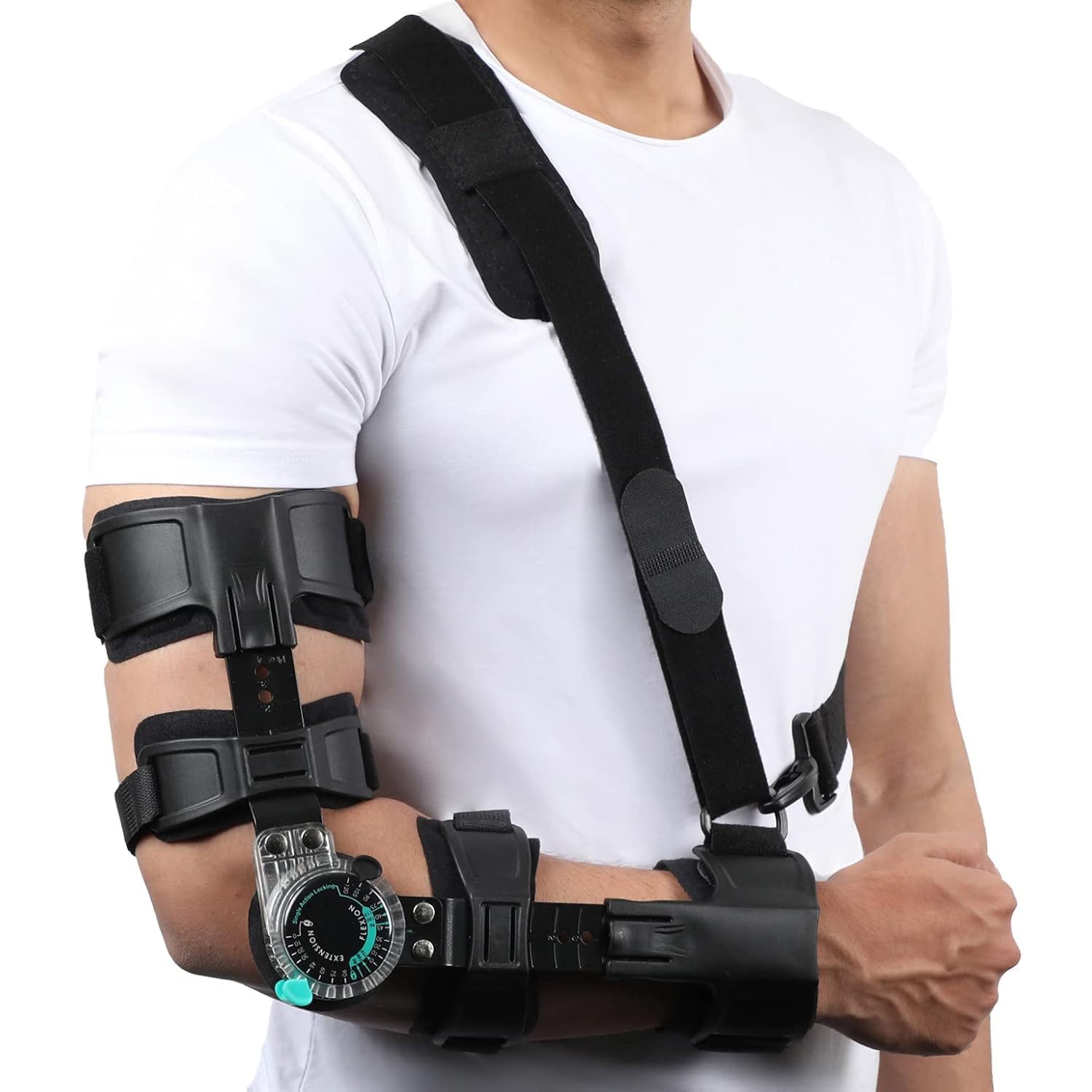 Adjustable Hinged Elbow Brace Support, Black, Universal Size with ROM Dial Control, Medical Recovery Orthopedic Immobilizer (Lef)