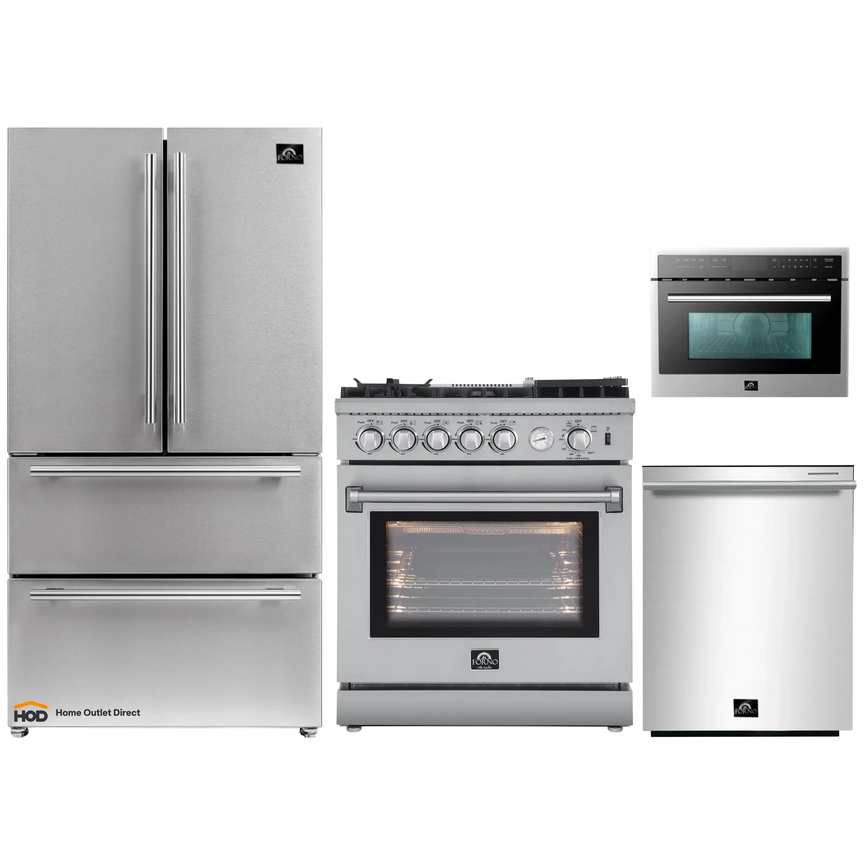 Forno 4-Piece Appliance Package - 30-Inch Gas Range with Air Fryer, Refrigerator, 24-Inch Microwave Oven, & 3-Rack Dishwasher in Stainless Steel