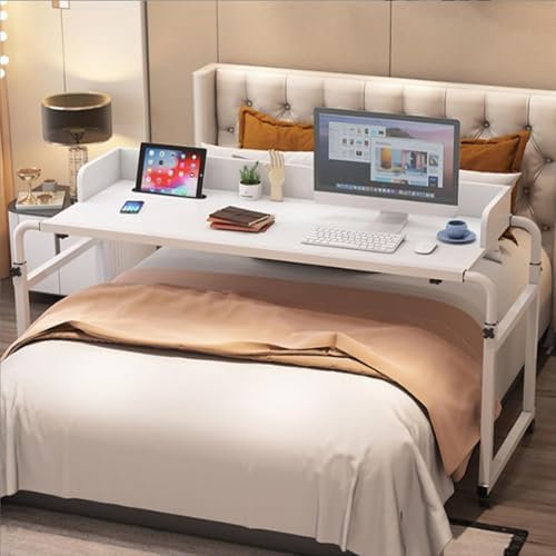 Foldable Desk Table,Over Bed Laptop Trolley Desk Overbed Medical Table Over Chair Table with Wheels Small Overbed Table Adjustable Height with Wheels(Color:White+)
