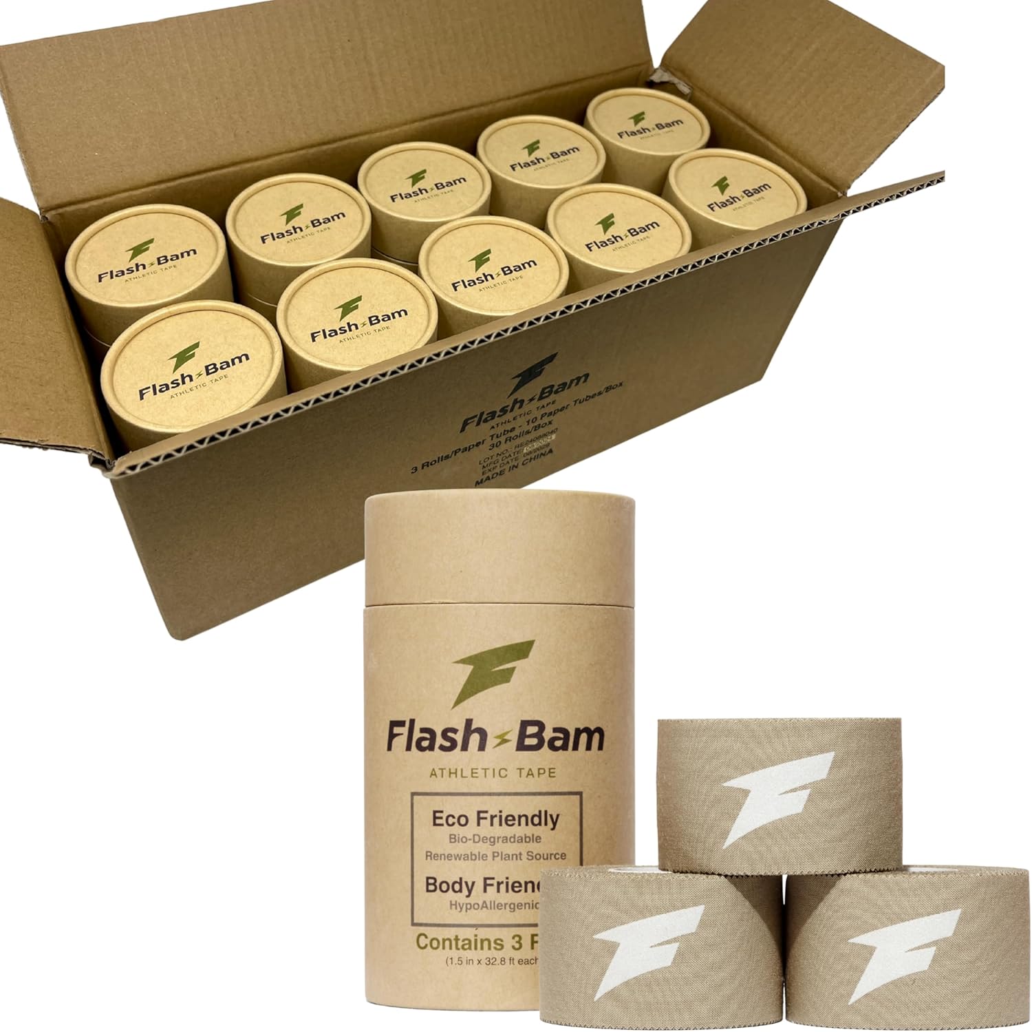 Athletic Tape - Biodegradable Eco-Friendly Sports Tape - Strong Adhesive Athletic Wrap for Ankle Wrist Knee Fingers - Compression Tape for Sports Training Recovery - Zinc Oxide-Free (case of 30)