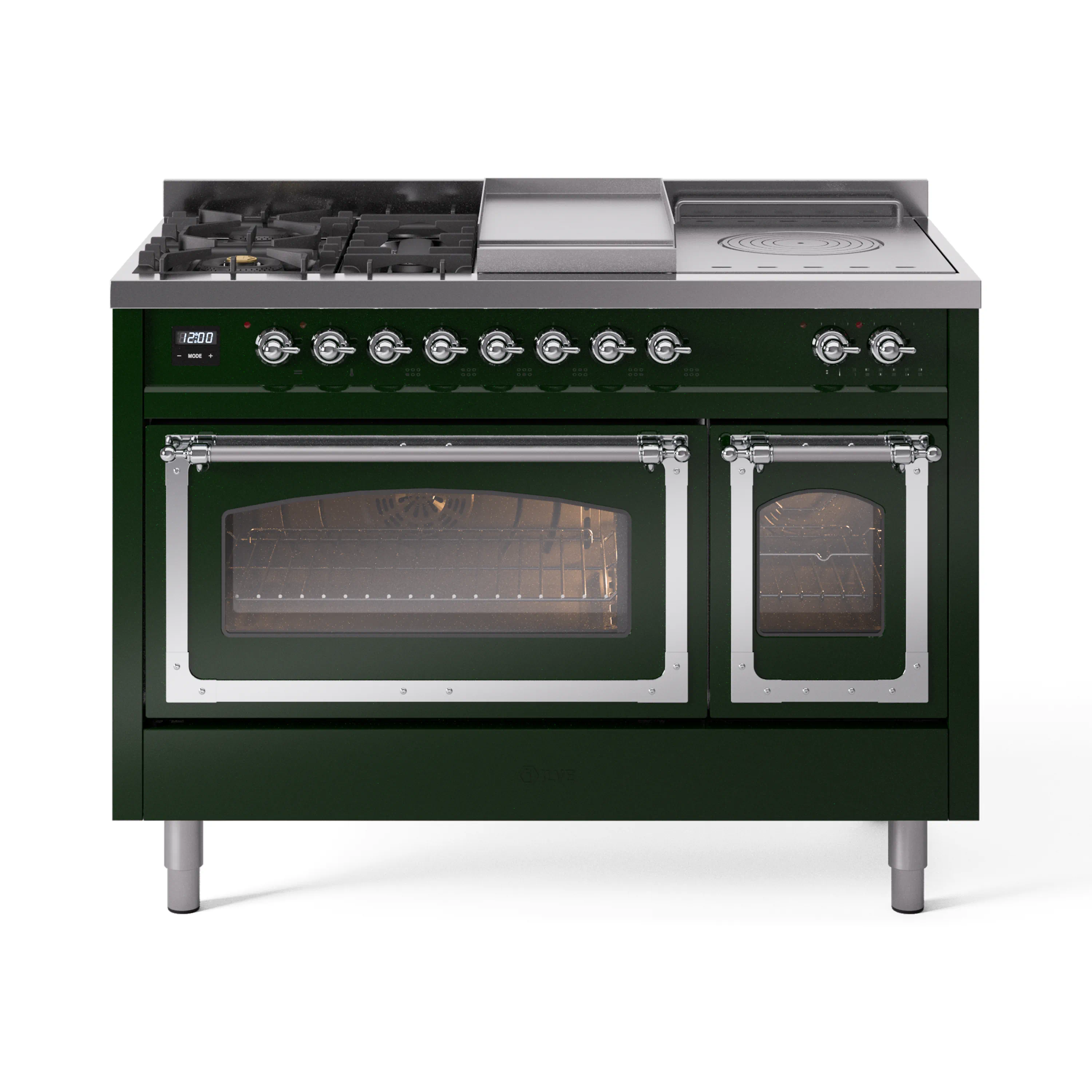 ILVE Nostalgie II Noblesse 48-Inch Dual Fuel Range with 5 Burners, Griddle, & French Top with Triple Glass Door Oven in Emerald Green with Chrome Trim (UN48FSNMPEGC)
