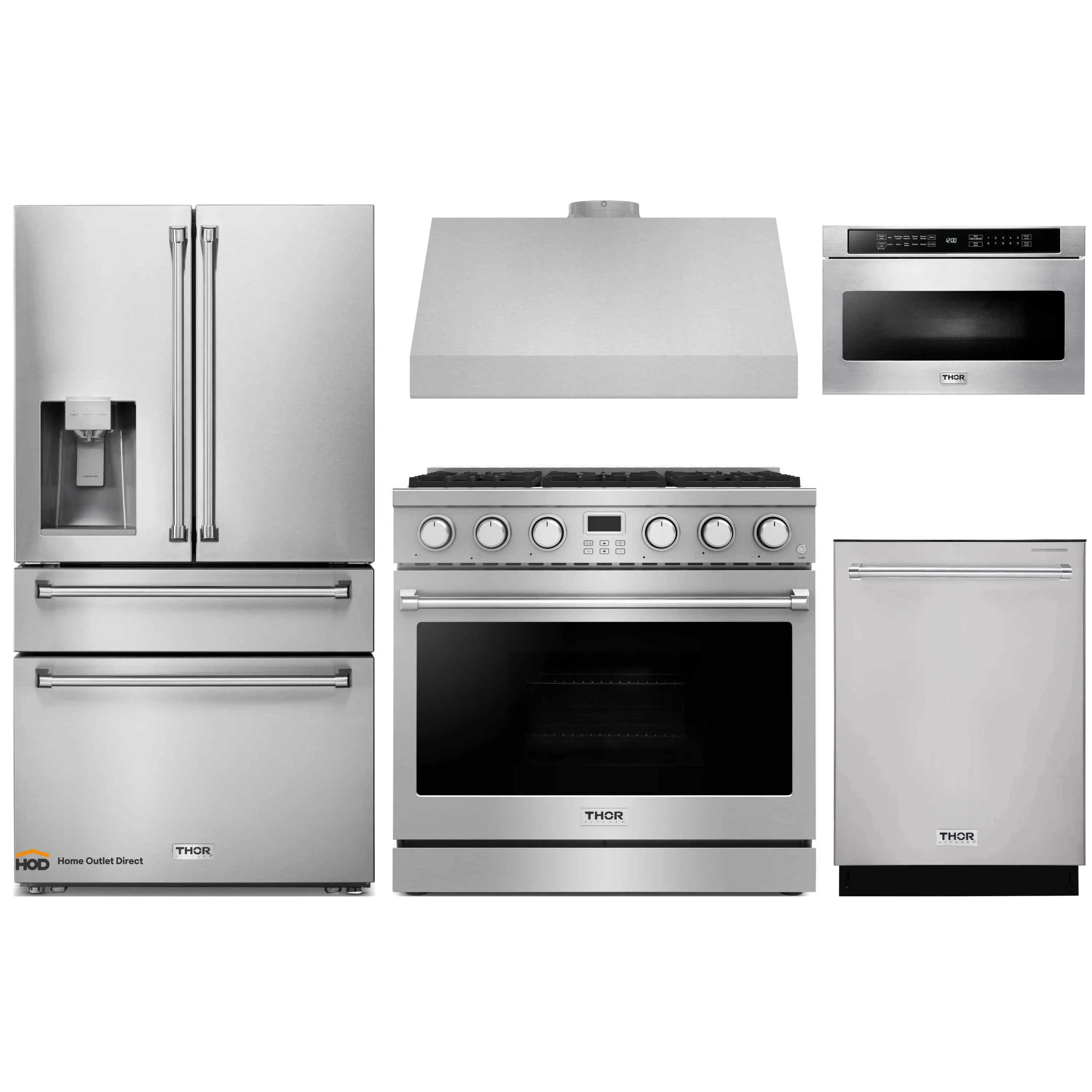 Thor Kitchen A-Series 5-Piece Appliance Package - 36-Inch Gas Range, Under Cabinet Range Hood, Refrigerator with Water Dispenser, Dishwasher, and Microwave in Stainless Steel