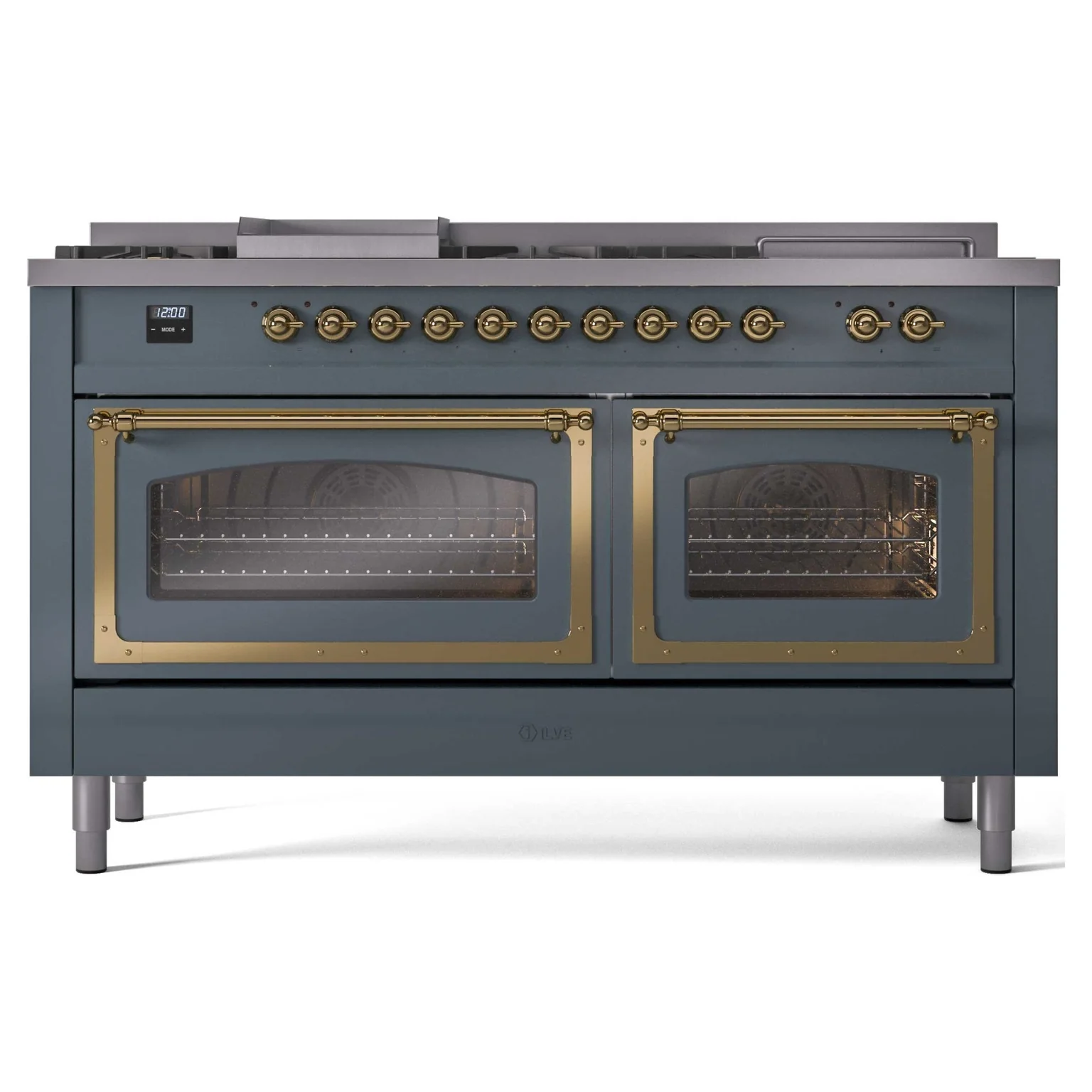 ILVE 60-Inch Nostalgie II Noblesse Dual Fuel Range with 7 Sealed Burners, Griddle, French Top and Triple Glass Door Oven in Blue Grey with Brass Trim (UN60FSNMPBGG)