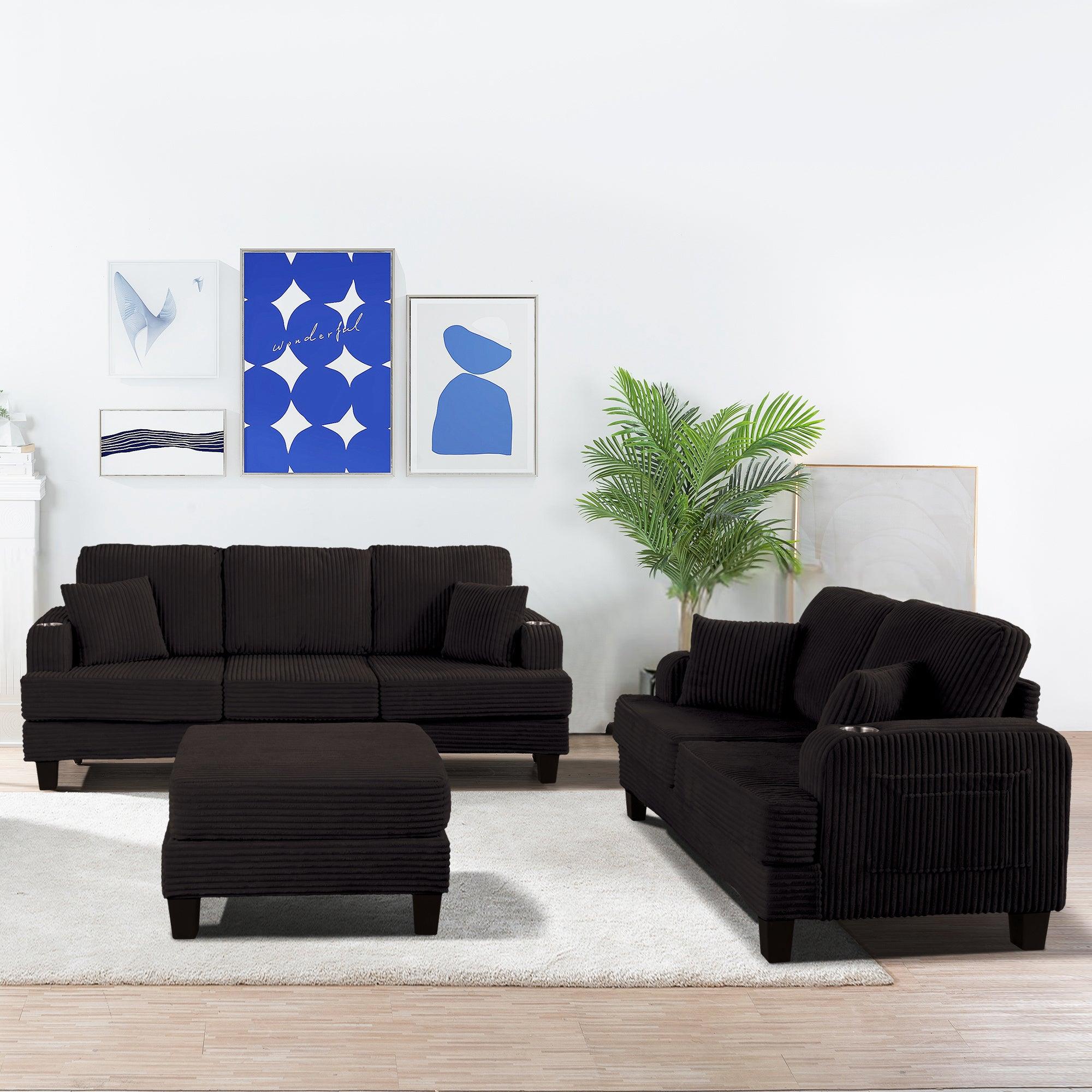Black 3 Piece Set Comfy Sofa Couch 3-Seater & Loveseat Sofa with Storage Ottoman for Living Room with USB, Side Pockets, Pillows included
