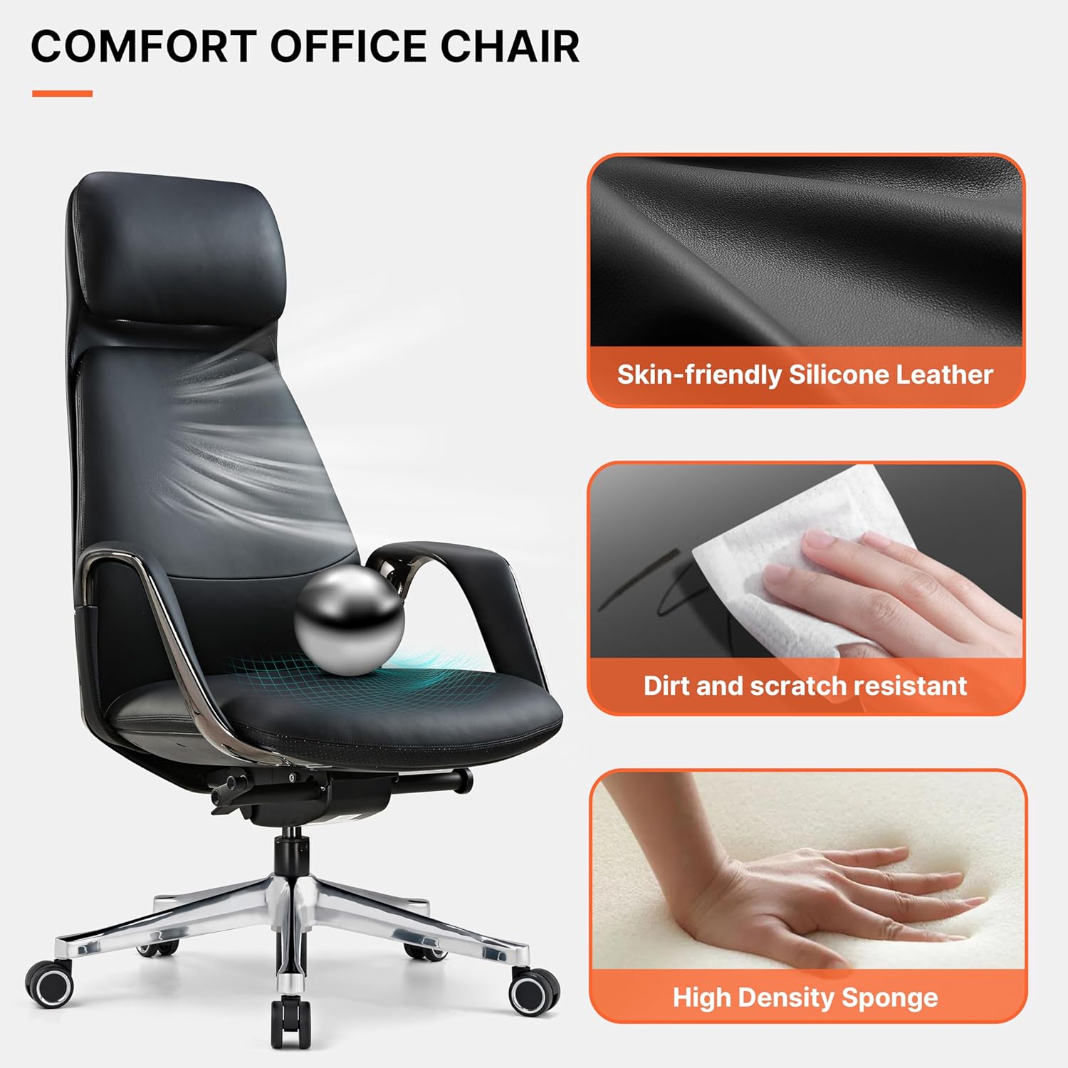 EUREKA ERGONOMIC Serene Executive Office Chair Genuine Leather Office Chair, Modern Executive Chair 135° Back Support Comfy Desk Chair with Arms & Aluminum Base for Home-Black