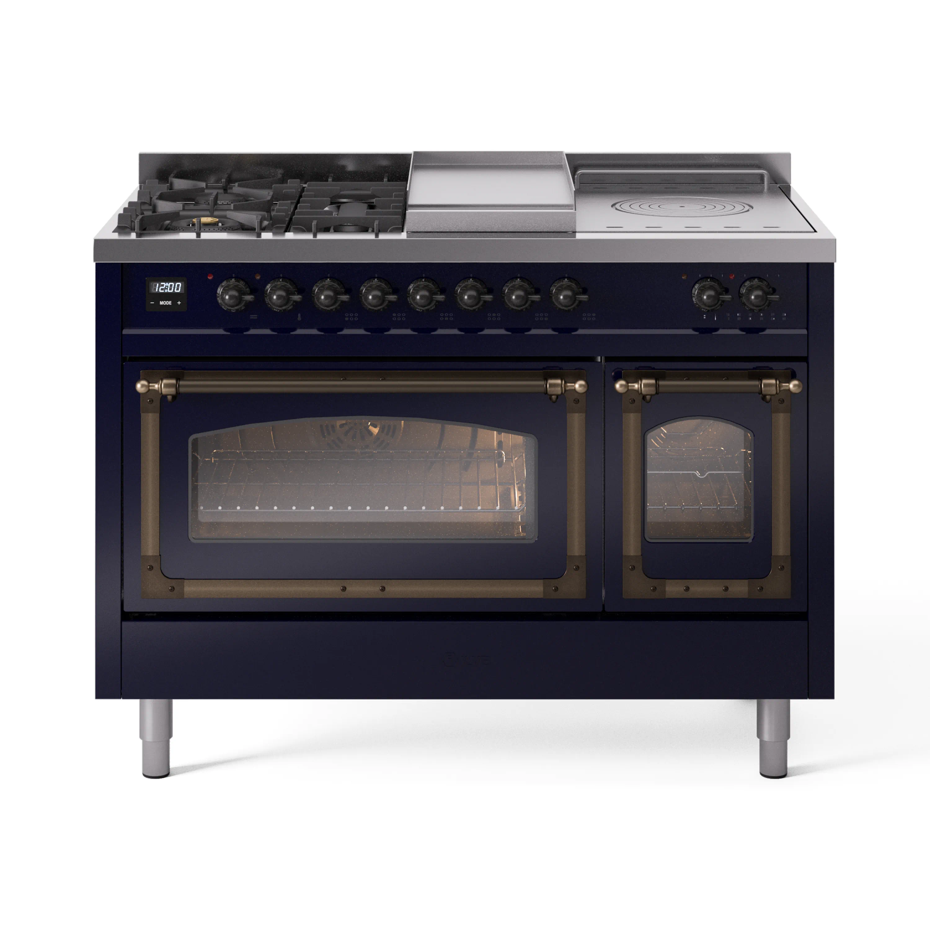 ILVE 48-Inch Nostalgie II Noblesse Dual Fuel Range with 5 Sealed Burners, Griddle, French Top and Triple Glass Door Oven in Midnight Blue with Bronze Trim (UN48FSNMPMBB)