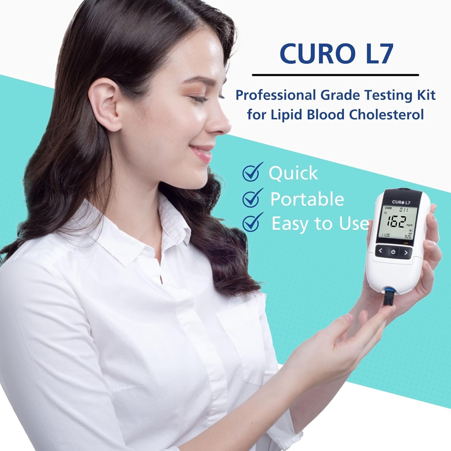 CURO-L7 Professional Grade Blood Cholesterol Testing with Home KIT - All-in-One Test Device, Test Strips 5ea, Lancets, and EziTube Rod Included