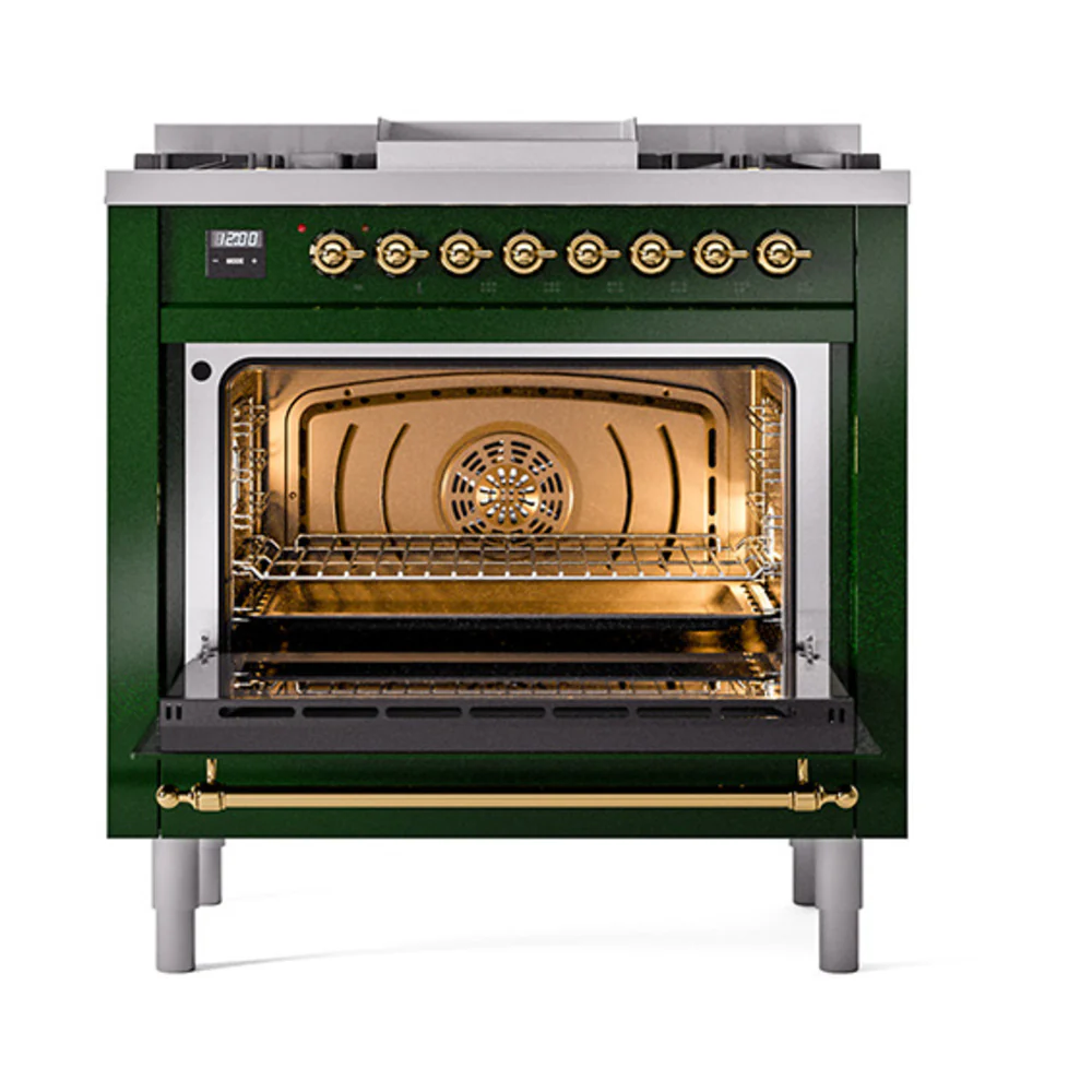 ILVE 36-Inch Nostalgie II Dual Fuel Range with 6 Burners and Solid Door Oven in Emerald Green with Brass Trim (UP36FQNMPEGG)
