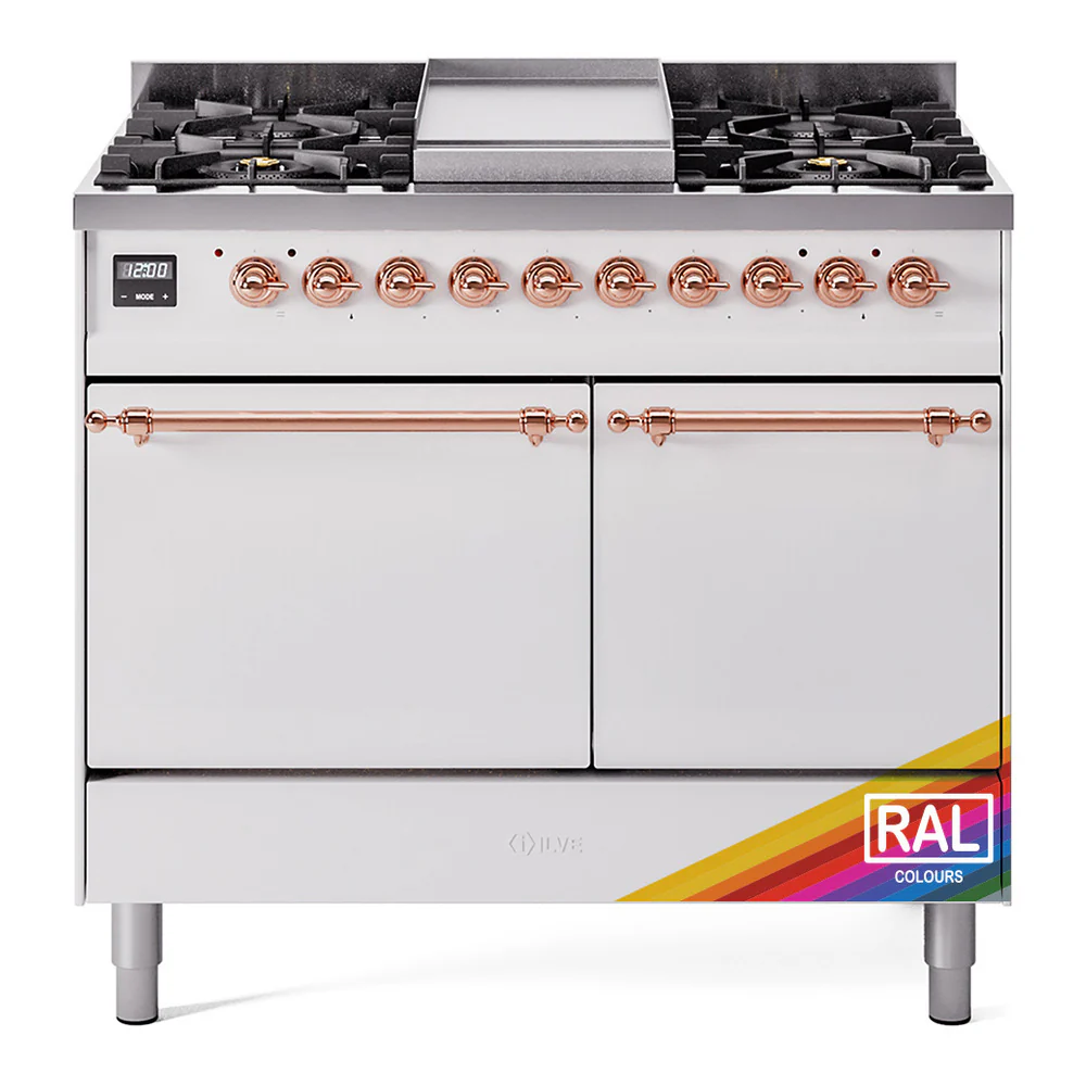ILVE 40-Inch Nostalgie II Dual Fuel Range with 6 Burners, Griddle and Solid Door Oven in Custom RAL with Copper Trim (UPD40FQNMPRAP)
