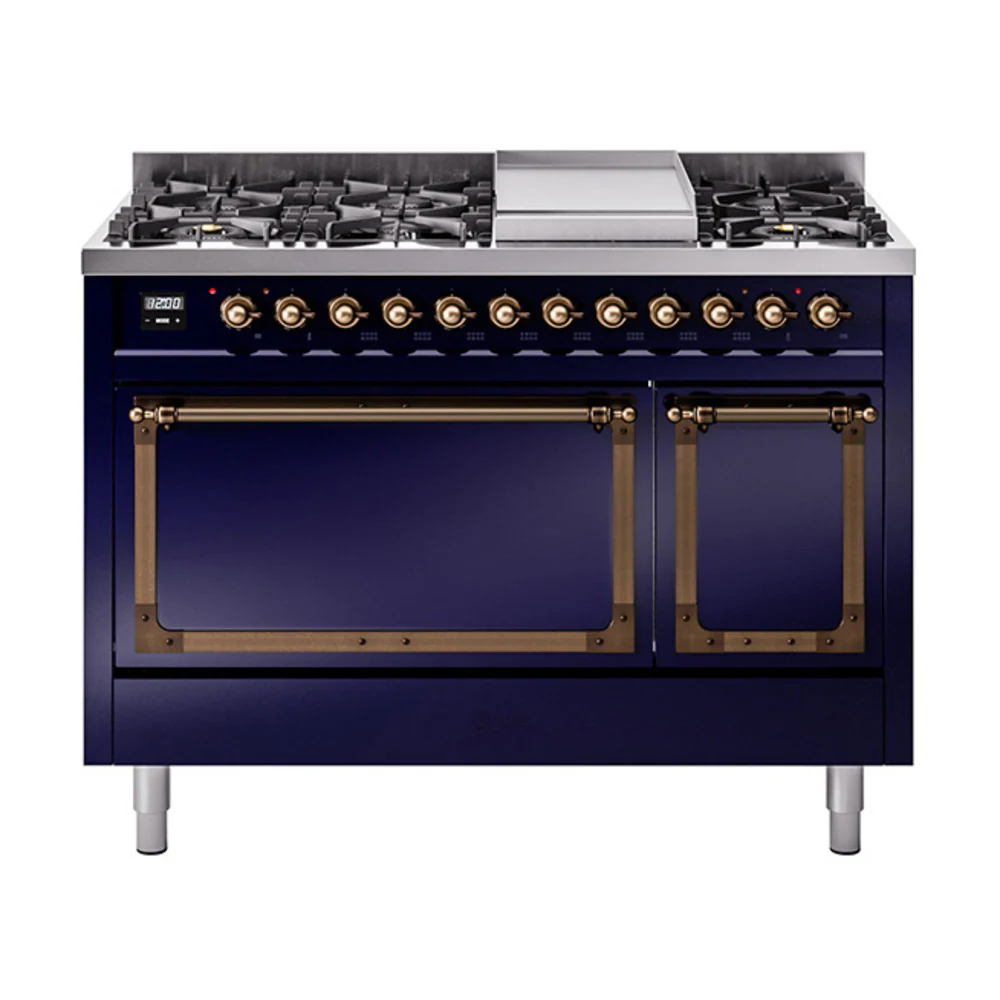 ILVE Nostalgie II Noblesse 48-Inch Dual Fuel Freestanding Range with Solid Door Oven in Midnight Blue with Bronze Trim (UN48FQNMPMBB)