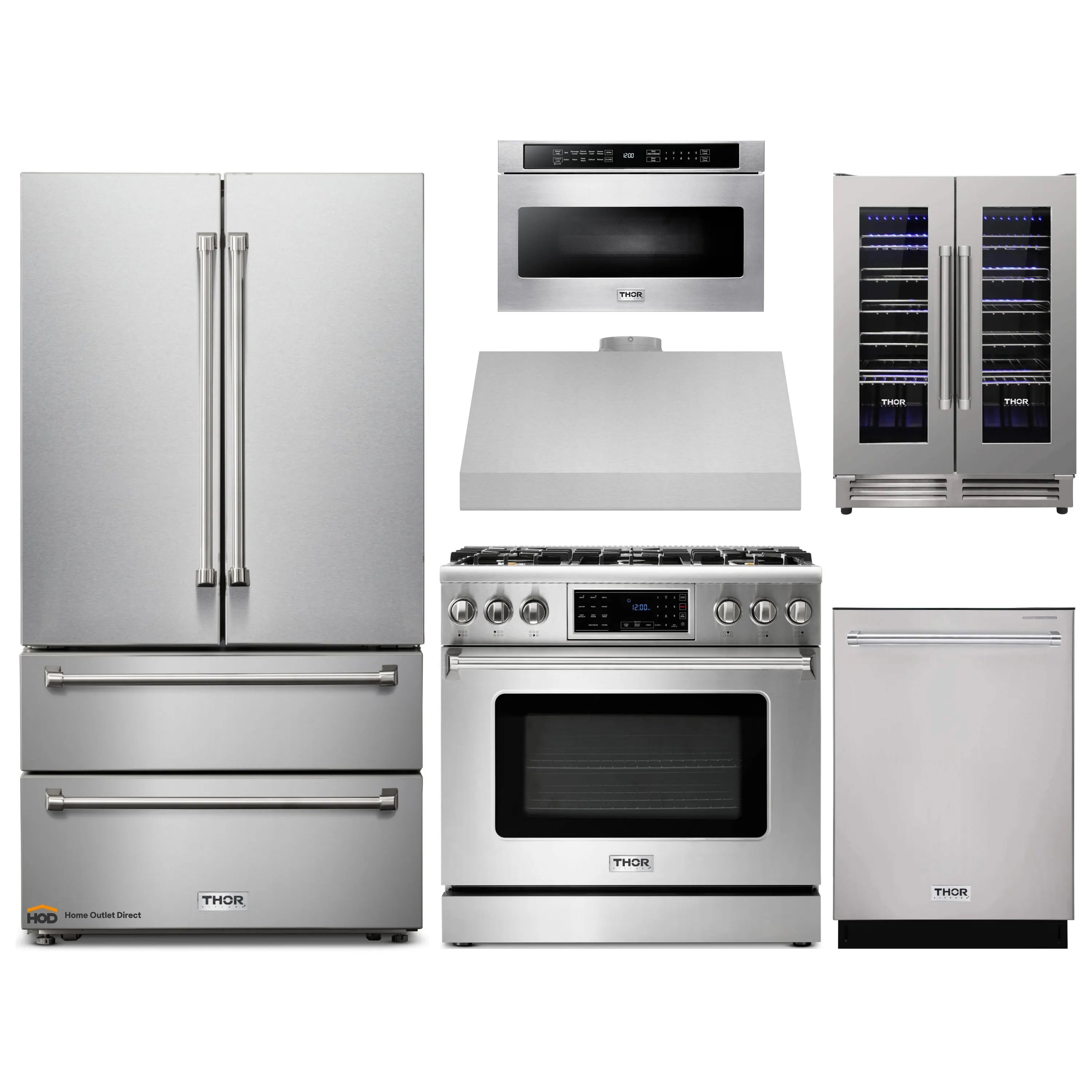 Thor Kitchen 6-Piece Appliance Package - 36-Inch Gas Range with Tilt Panel, French Door Refrigerator, Under Cabinet Hood, Dishwasher, Microwave Drawer, and Wine Cooler in Stainless Steel
