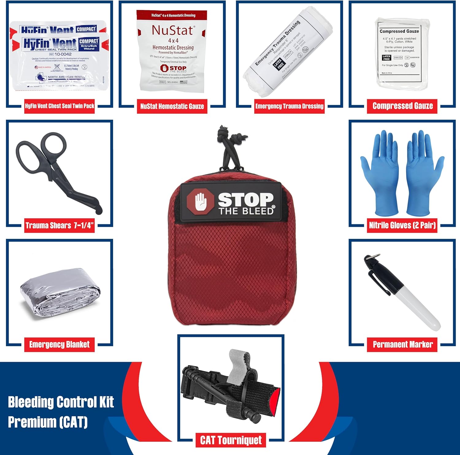 Stop The Bleed Kit for Schools with 8 Premium Kits, Alarmed Cabinet, 8-kit Carry Tote, Patient Transporter, 3D Wall Sign, Inspection Tag, OnSite Decal, and Instructional Poster