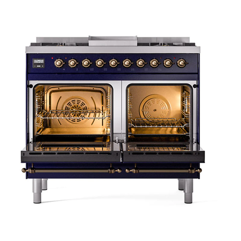 ILVE 40-Inch Nostalgie II Noblesse Dual Fuel Range with Solid Door Oven in Midnight Blue with Bronze Trim (UND40FQNMPMBB)