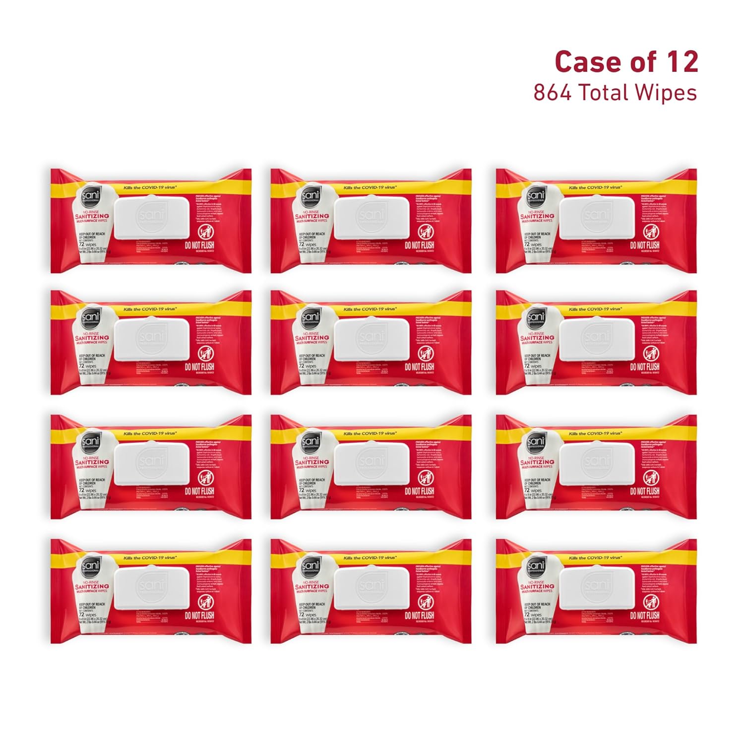 PDI Sani-Professional No-Rinse Sanitizing Multi-Surface Food Service Wipes Softpack, For Restaurants, Kitchen, and Home Use, Pack of 12, 72 Wipes Each