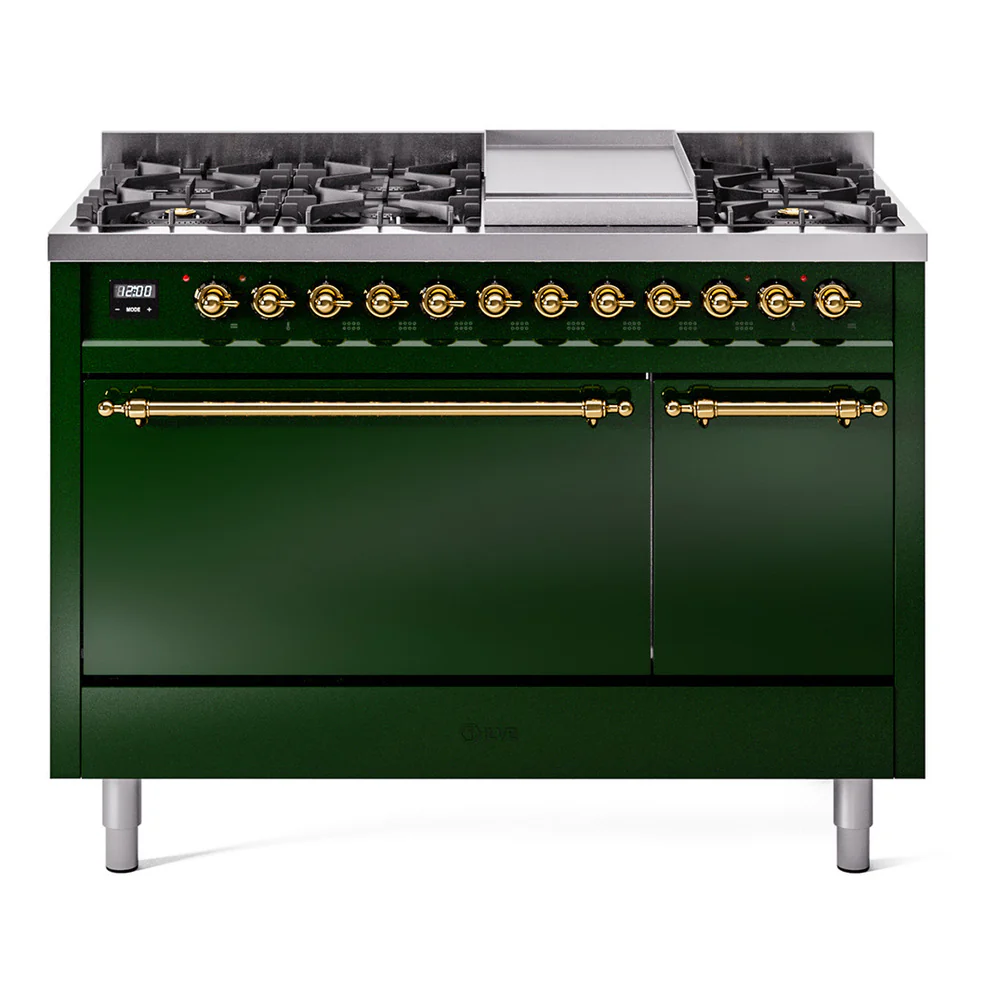 ILVE 48-Inch Nostalgie II Dual Fuel Range with 8 Burners, Griddle, and Solid Door Oven in Emerald Green with Brass Trim (UP48FQNMPEGG)