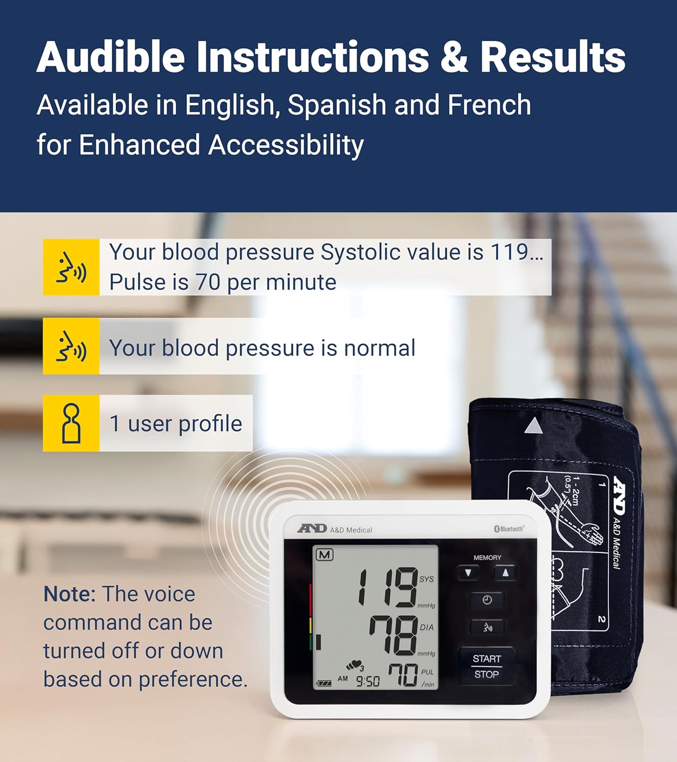 A&D Medical Voice-Guided Blood Pressure Monitor for Home Use with Bluetooth, UA-1040TBLE - Wide Range Cuff (8.6-16.5