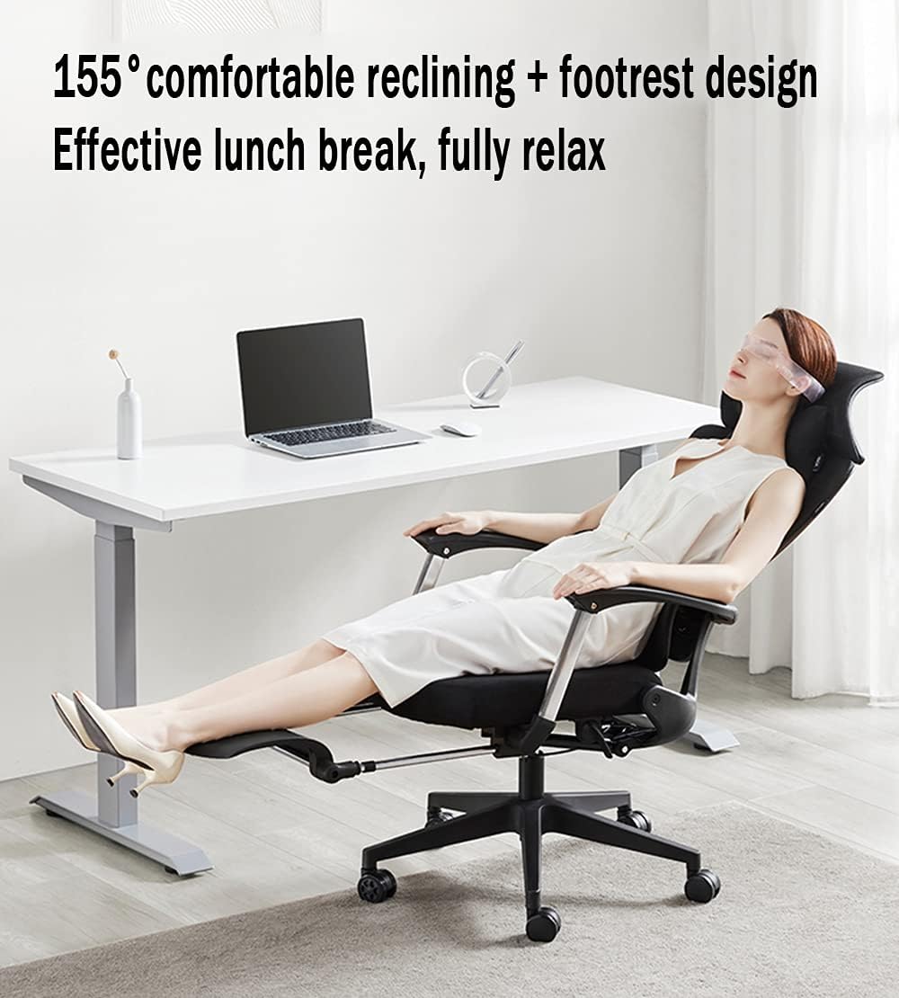 Executive Recline Tables and Chairs Linkage Armrest Lumbar Support High Back Net 155° Tilt 360° Rotation Seat Lift Reinforced Nylon Resin Base Silent PU Casters Unisex(