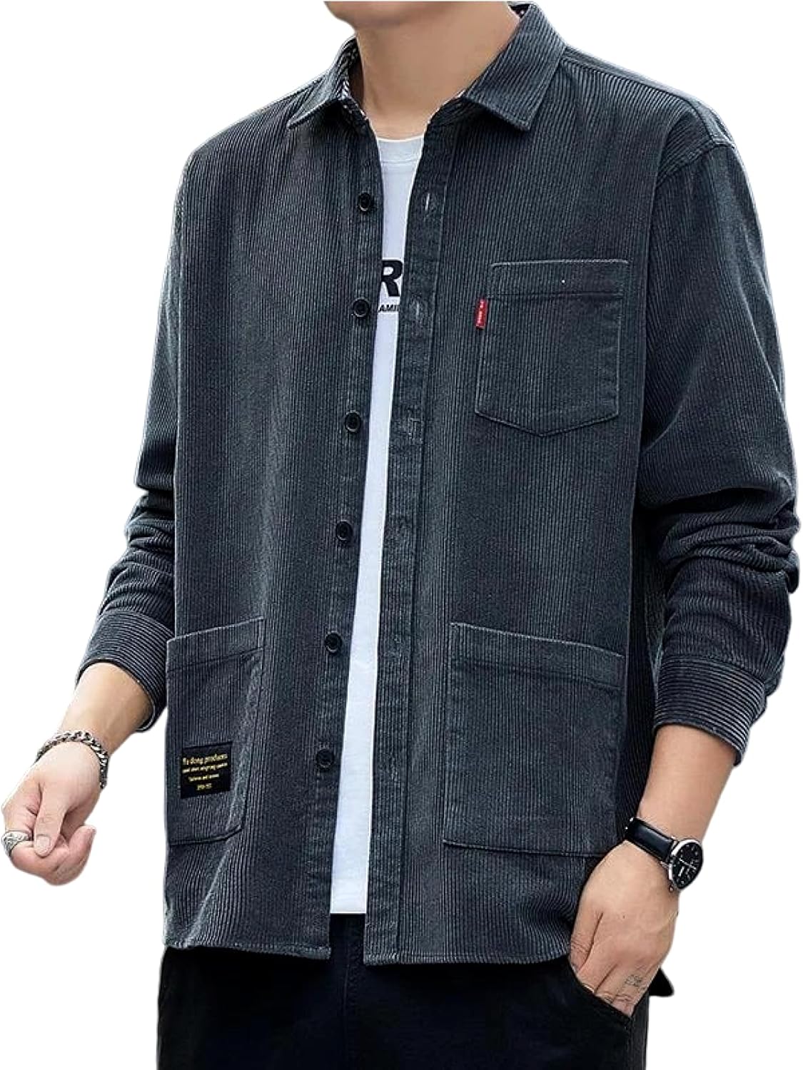 Hndudnff Men Shirt Corduroy Long Sleeve Button Front Casual Relaxed Fit Chest Pockets Collared