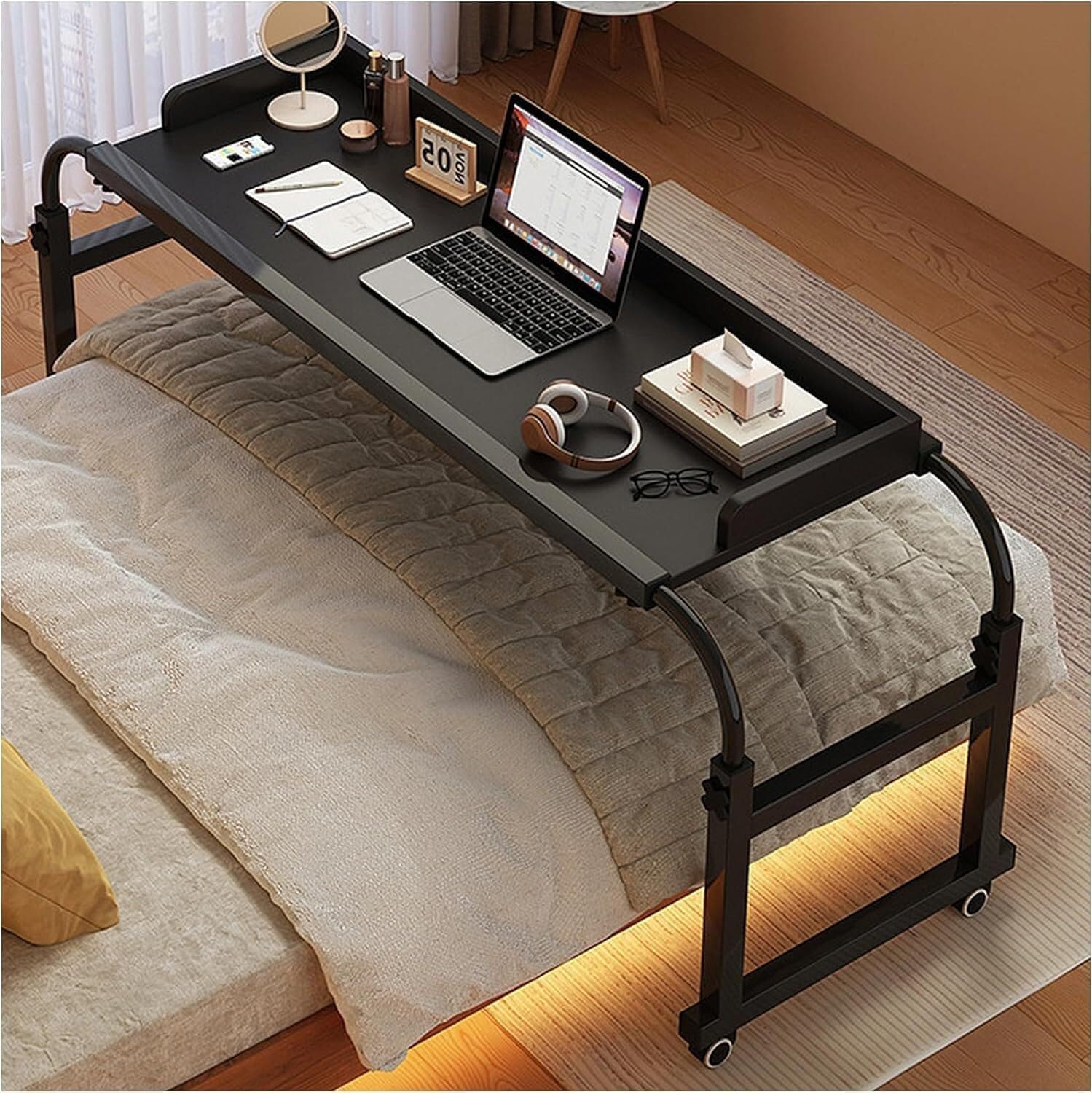 Overbed Table with Wheels Computer Desk Height Adjustable Standing Workstation Food Tray Desk Rolling Medical Table for Twin/Full/Queen/King Size Bed Frame(Black)
