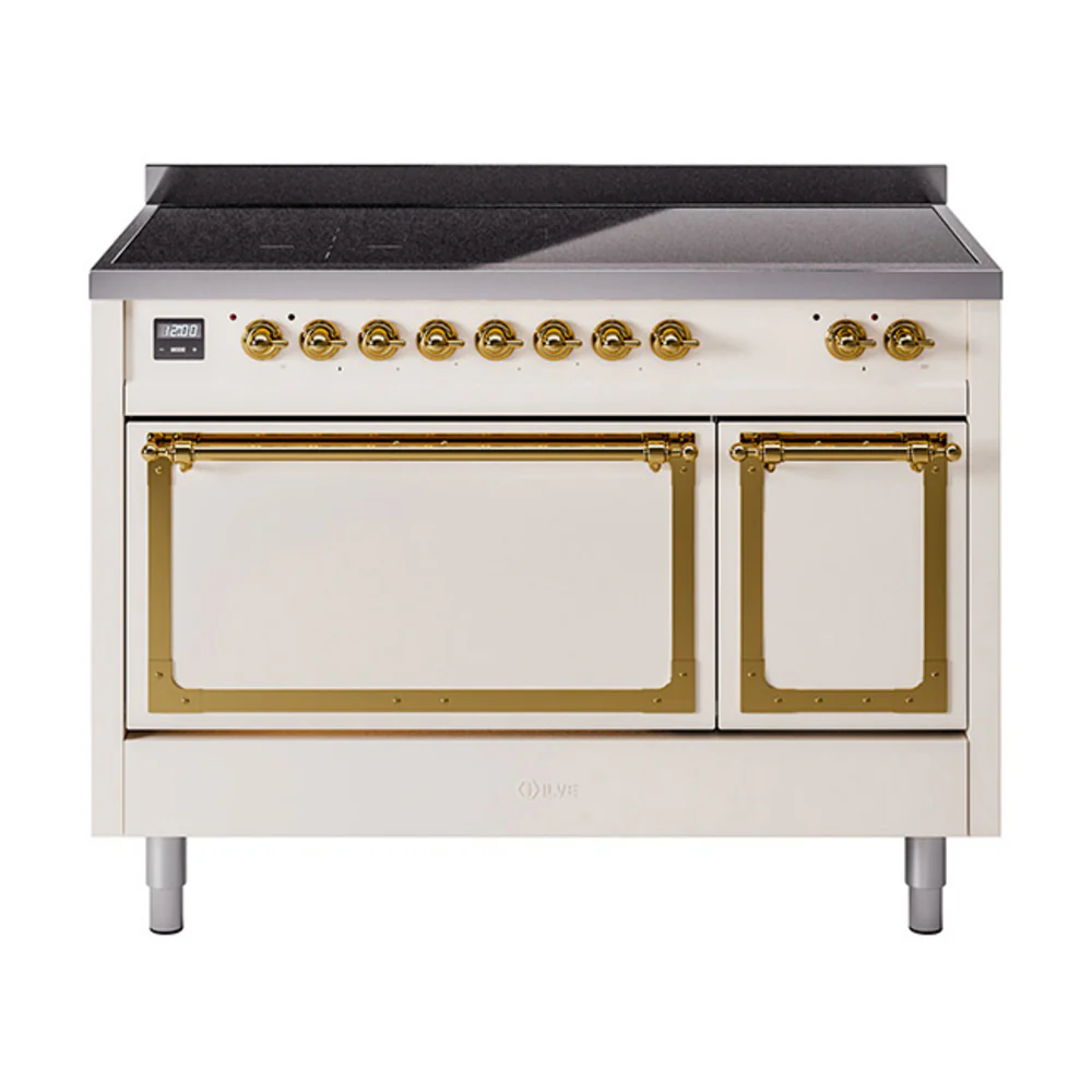 ILVE Nostalgie II Noblesse 48-Inch Induction Range with Solid Door Oven in Antique White with Brass Trim (UNI486QNMPAWG)