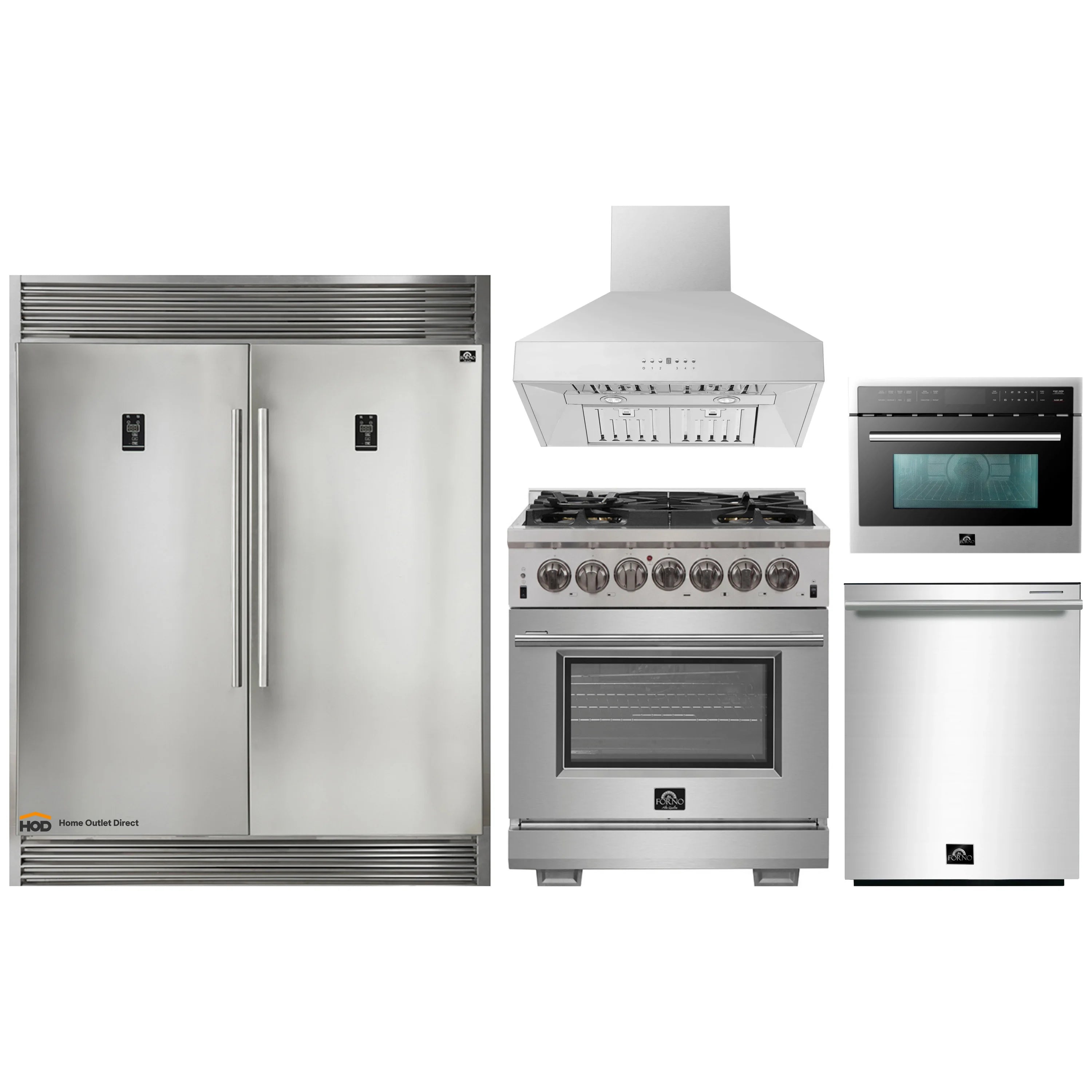 Forno 5-Piece Pro Appliance Package - 30-Inch Dual Fuel Range, 60-Inch Pro-Style Refrigerator, Wall Mount Hood, 24-Inch Microwave Oven, & 3-Rack Dishwasher in Stainless Steel