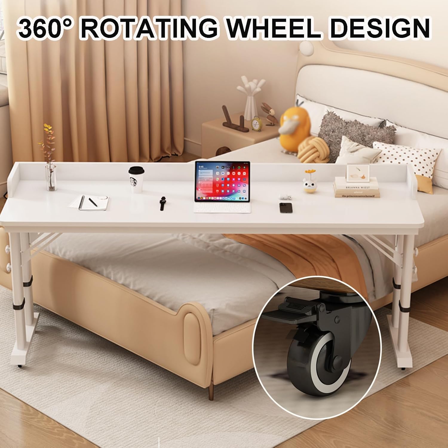 Over Bed Table with Wheels, Over The Bed Desk with Baffle Adjustable Height, Dual-Leg Design, Mobile Laptop Cart Computer Desk for Home, Hospital, Dorm Use