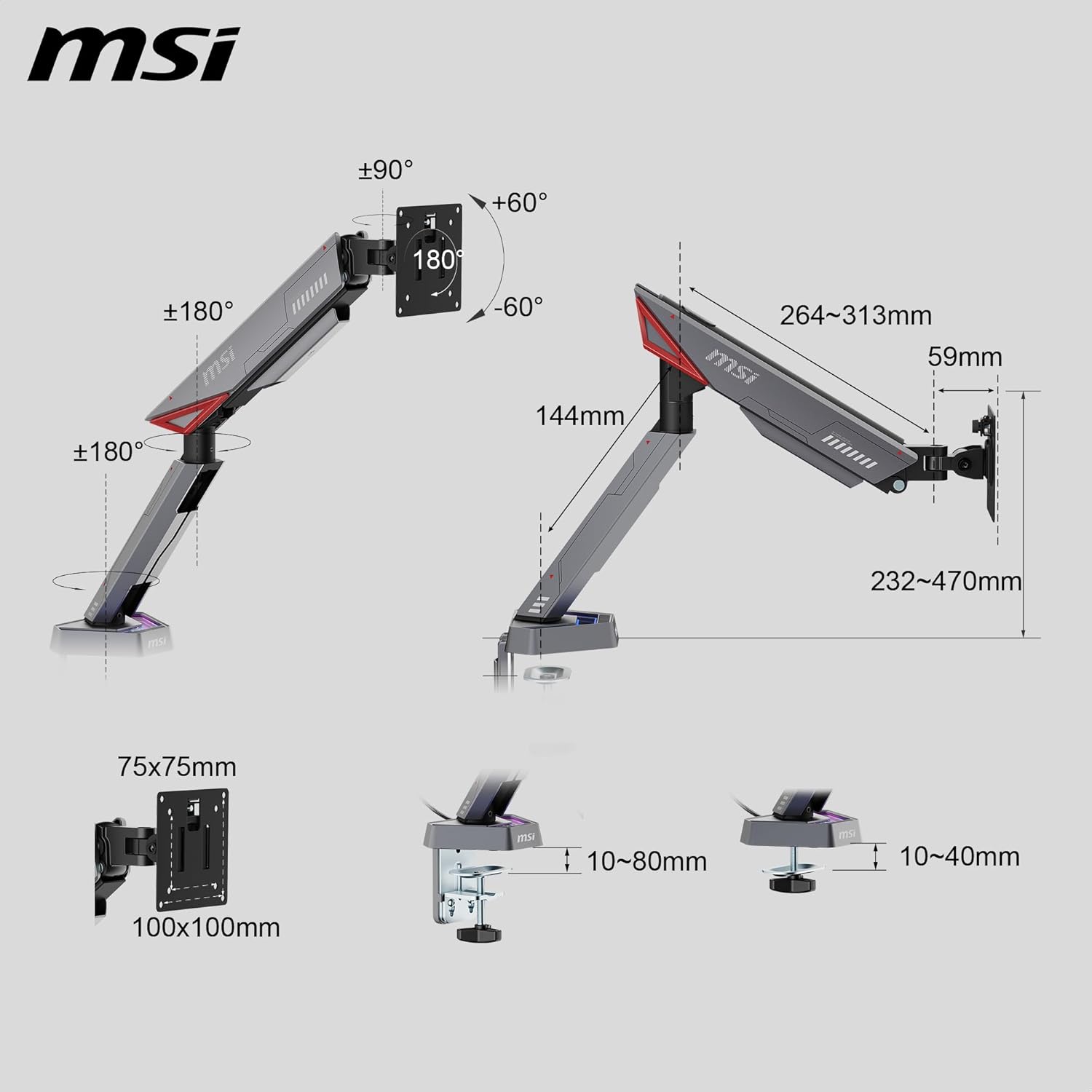 MSI MPG MT161R - Premium RGB Single Monitor Stand Arm, Supports 17-45