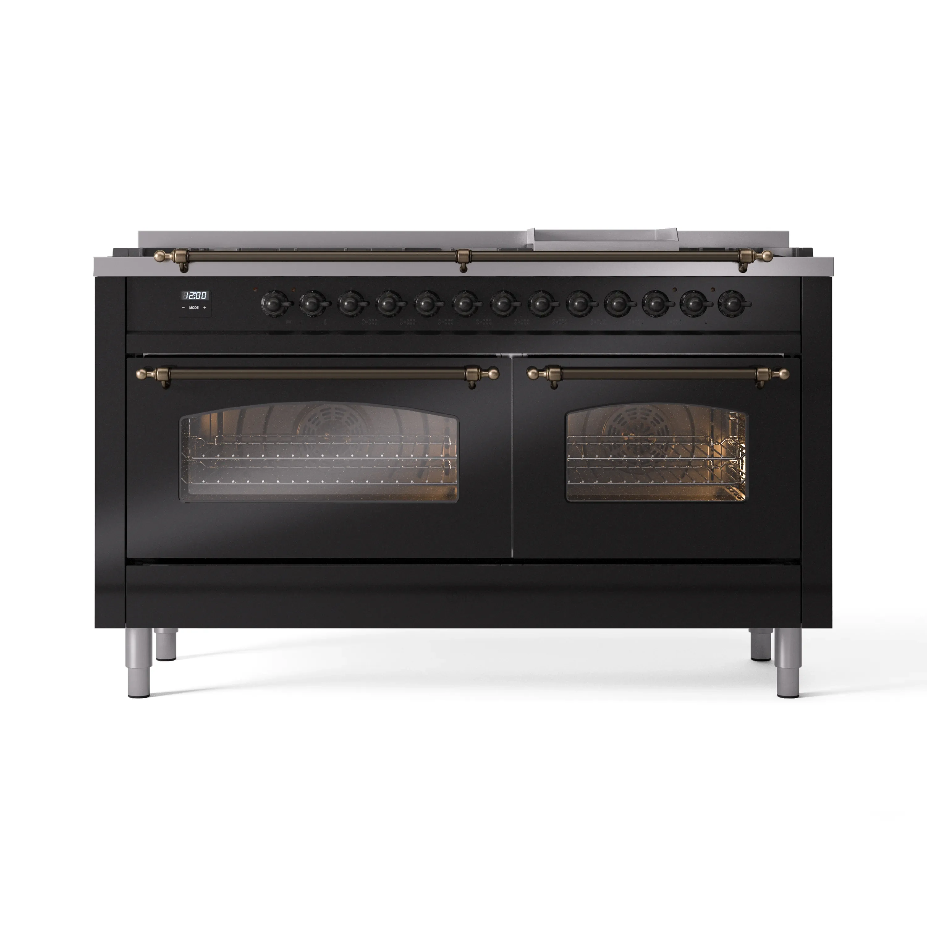 ILVE 60-Inch Nostalgie II Dual Fuel Range with 9 Burners, Griddle and Triple Glass Door Oven in Glossy Black with Bronze Trim (UP60FNMPBKB)