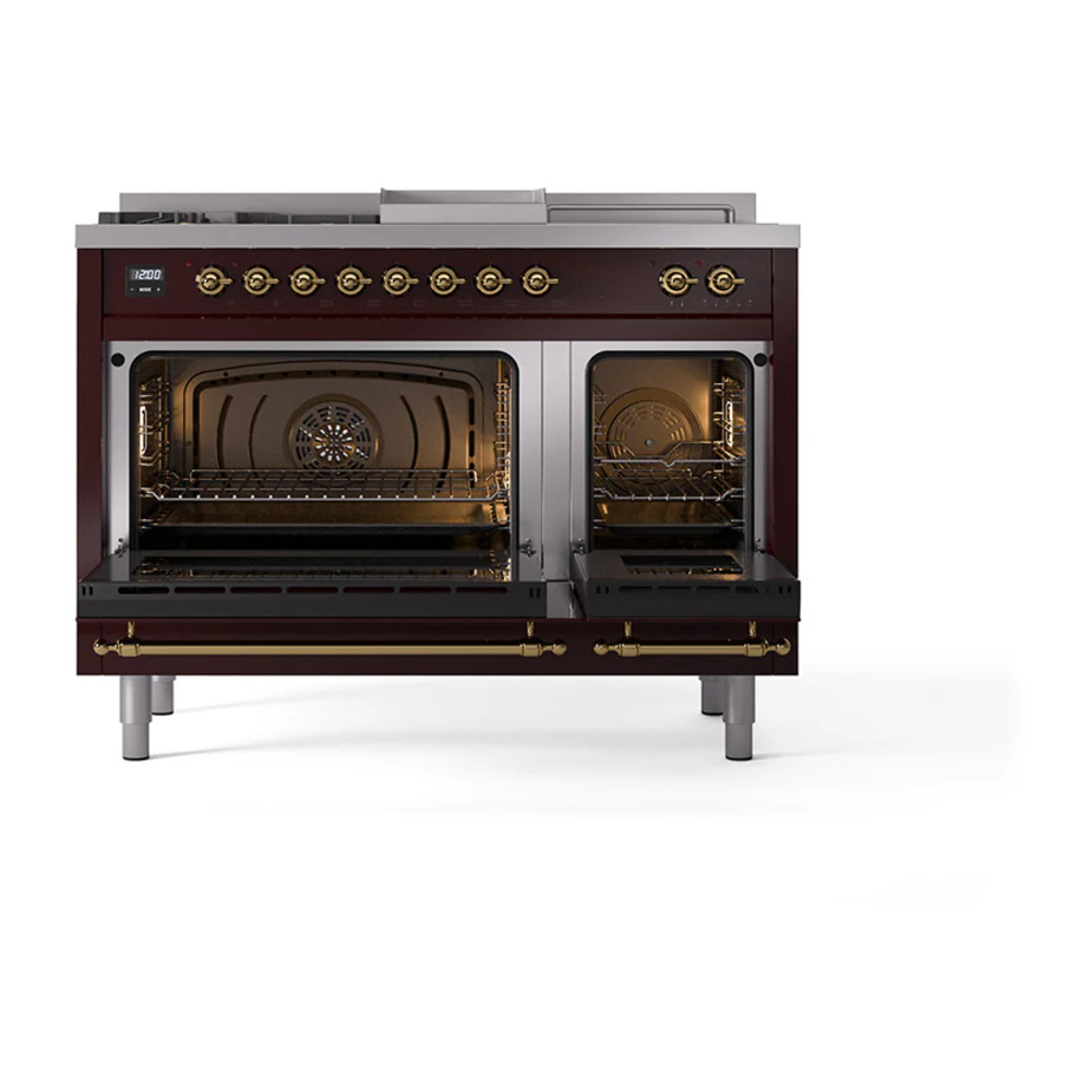 ILVE Nostalgie II 48-Inch Dual Fuel Range with 5 Burners, Griddle, & French Top, with Solid Door Oven in Burgundy with Brass Trim (UP48FSQNMPBUG)